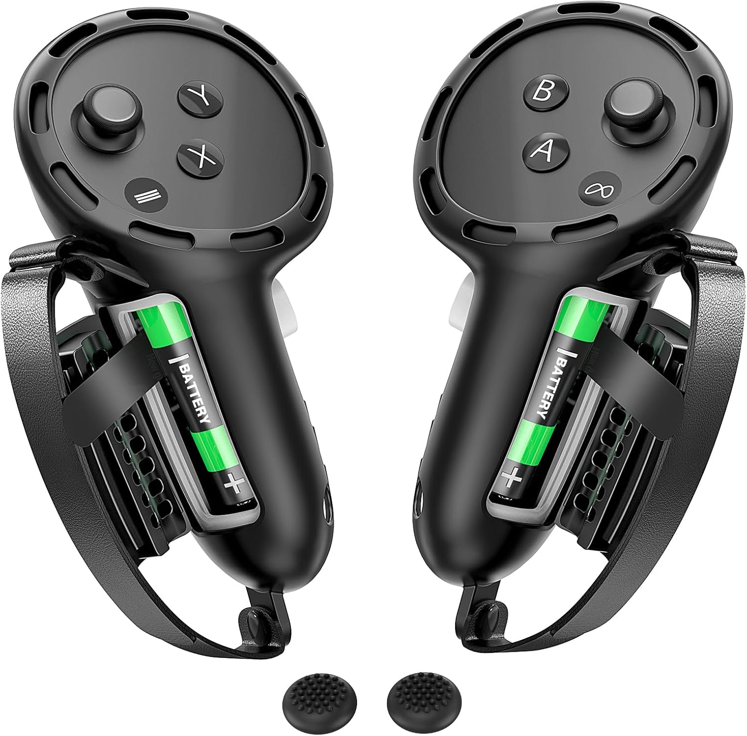 Detalle de Controller Grips for Meta Quest 3S / Quest 3 with Anti-Slip Silicone Covers, Thumbstick Caps & Easy Battery Access (Black)