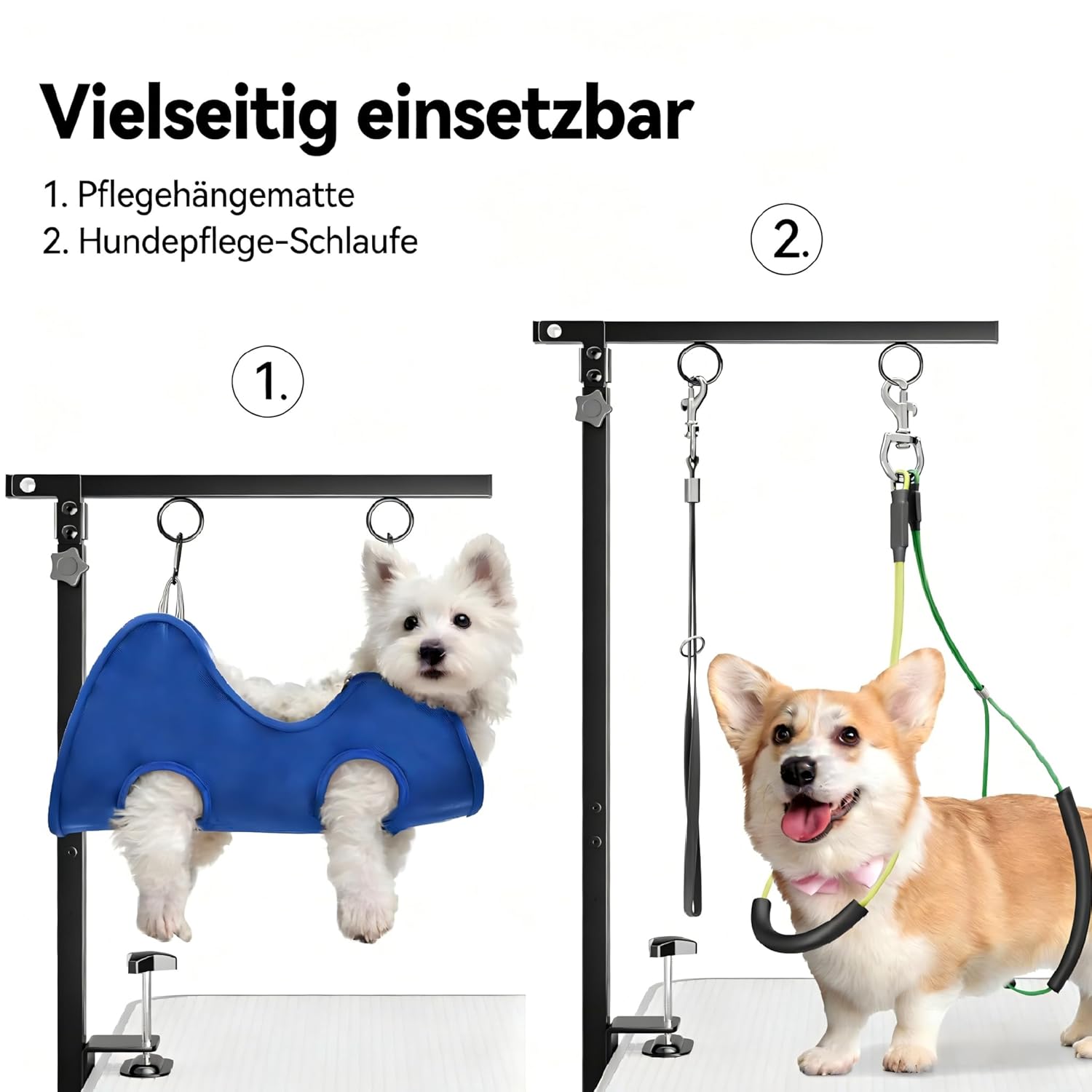 Detalle de Faltbarer Hundepflegetisch-Arm mit Tischklemme – Höhenverstellbar 66–102 cm, inkl. Hängematte & Anti-Sitz-Schlaufe