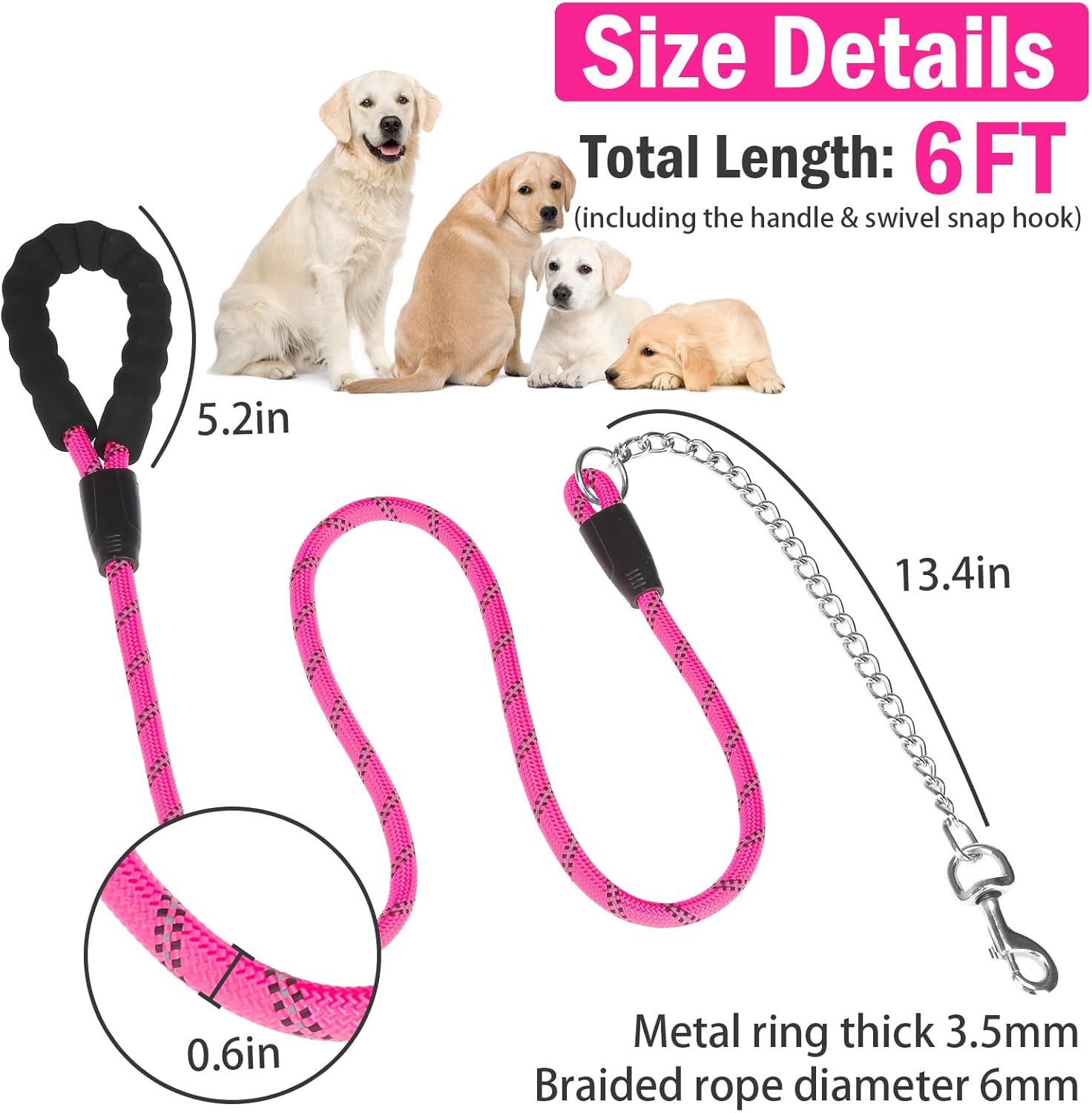 Detalle 2 de Homimp Chain Dog Leash for Medium to Large Dogs (6 ft) – Reflective, Heavy‑Duty, Chew‑Proof