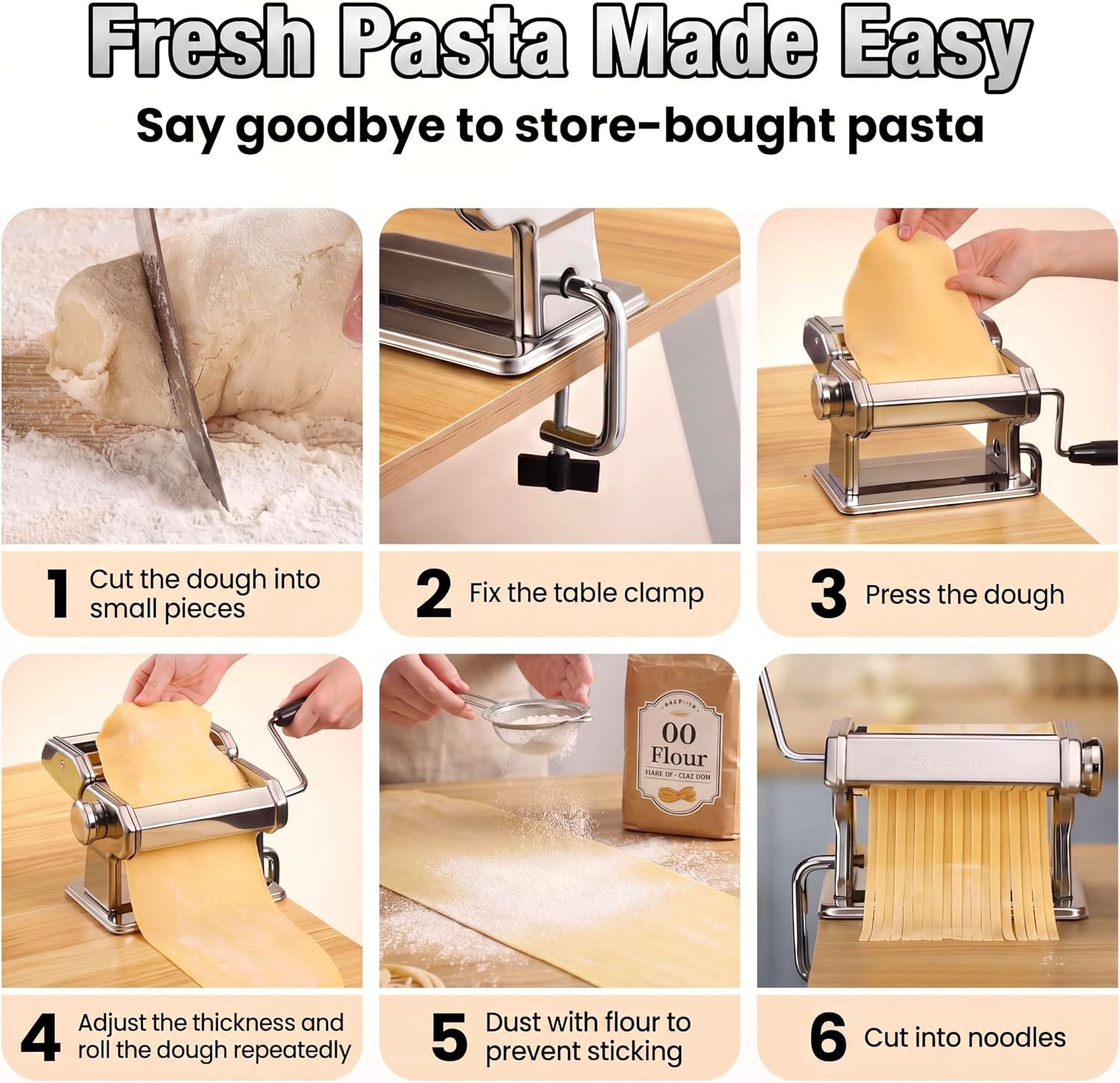 Thumbnail 3 de Sailnovo 3 in 1 Pasta Maker Machine with 9 Thickness Settings and 2 Width Cutters (Aluminum & Stainless Steel)