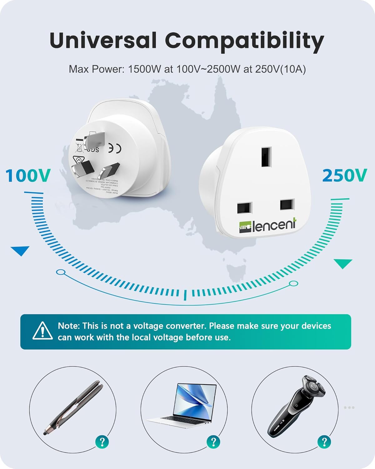 Detalle de LENCENT UK to Australia Plug Adapter 2 Pack (Type I) – earthed travel adaptor for AUS, China, Fiji, New Zealand and more