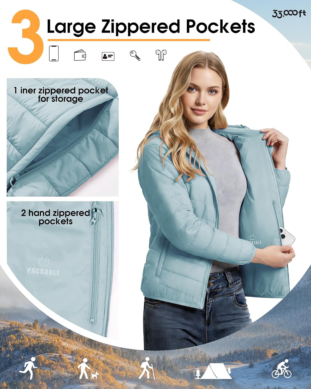 Thumbnail 3 de 33 000ft Damen Leichte Steppjacke Packbare Übergangsjacke