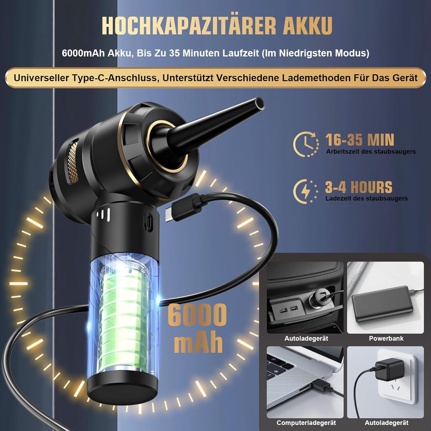 Thumbnail 4 de Feolaviy Akku-Handstaubsauger 4-in-1 (4 Düsen), kabellos bis 28.000 PA – für Auto, Küche, PC & Tierhaare