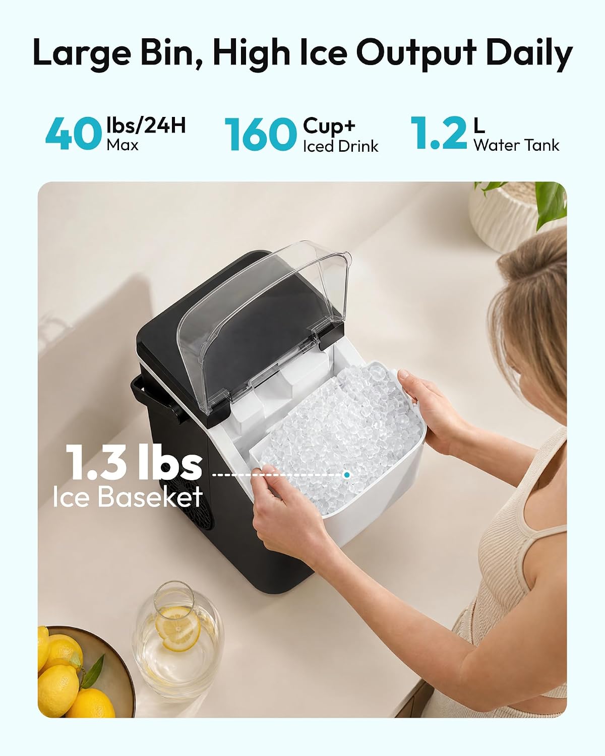 Detalle de EUHOMY IM047-VC Nugget Ice Maker with Handle, Self-Cleaning, Black
