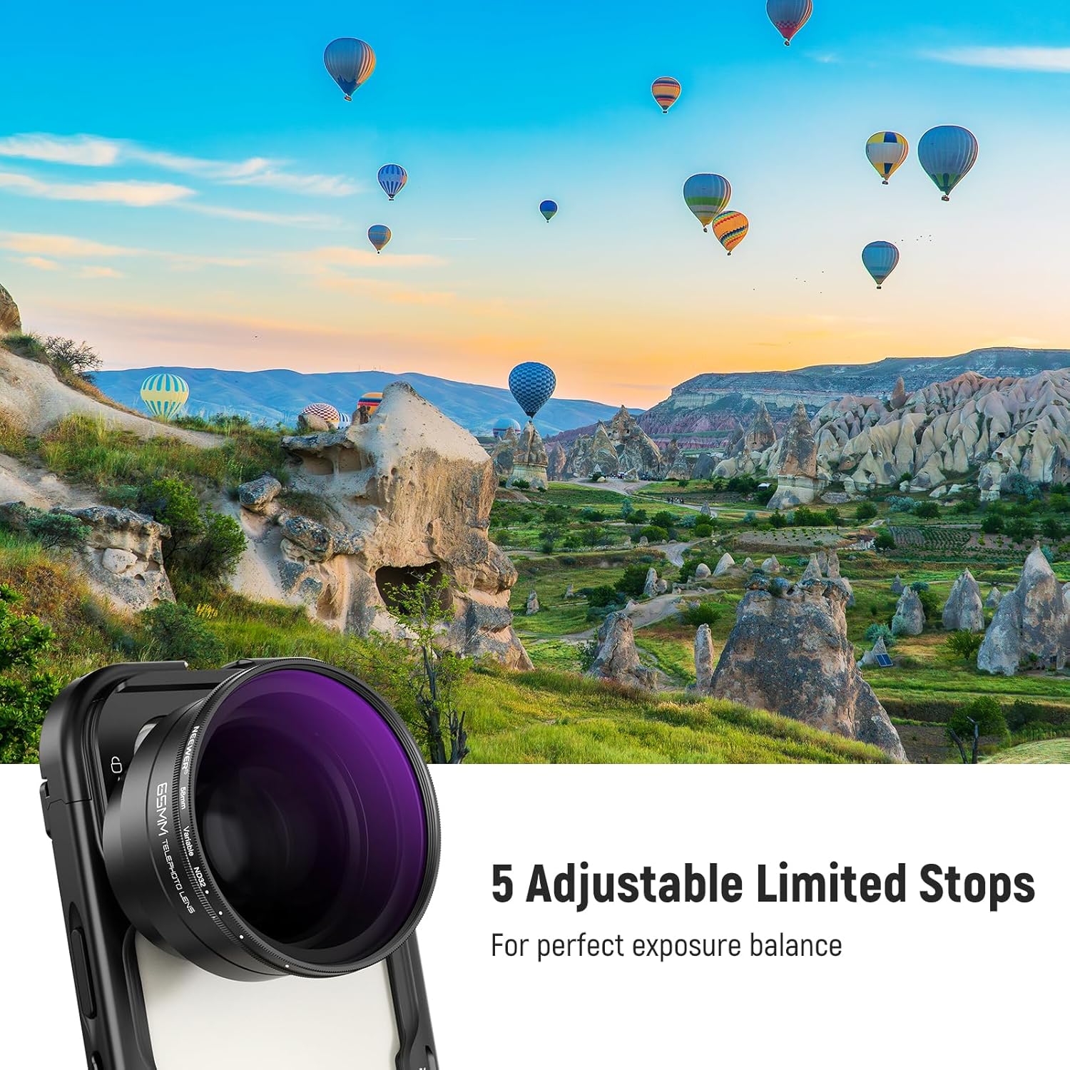 Detalle de NEEWER 58mm Variabler ND Filter mit 62mm Gegenlichtblende – ND2-32, 1–5 Stops, für 58mm Kameralinsen und 65mm Teleobjektiv für Smartphones