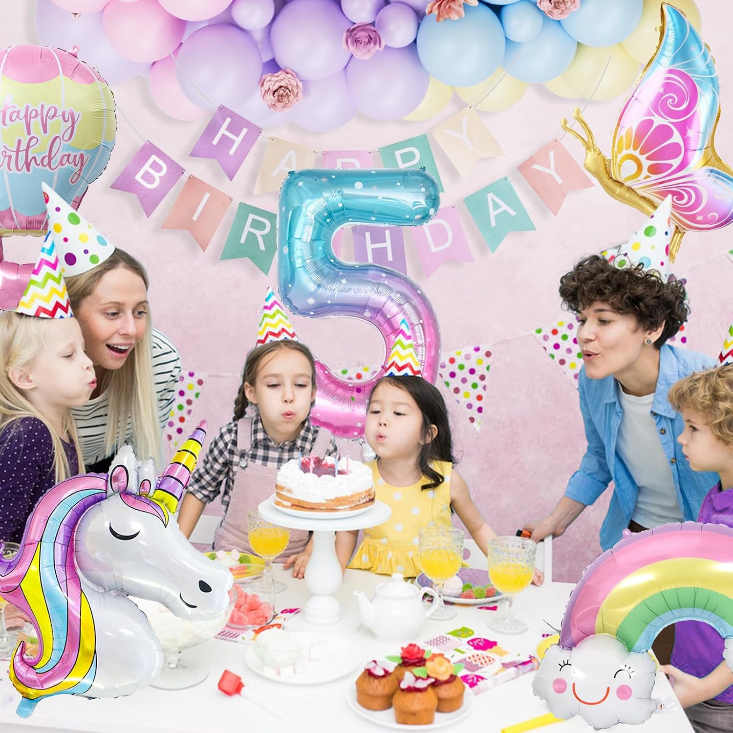 Detalle de YEJIKJ Unicorn Balloons 5th Birthday Decorations – 96-Piece Unicorn Party Kit