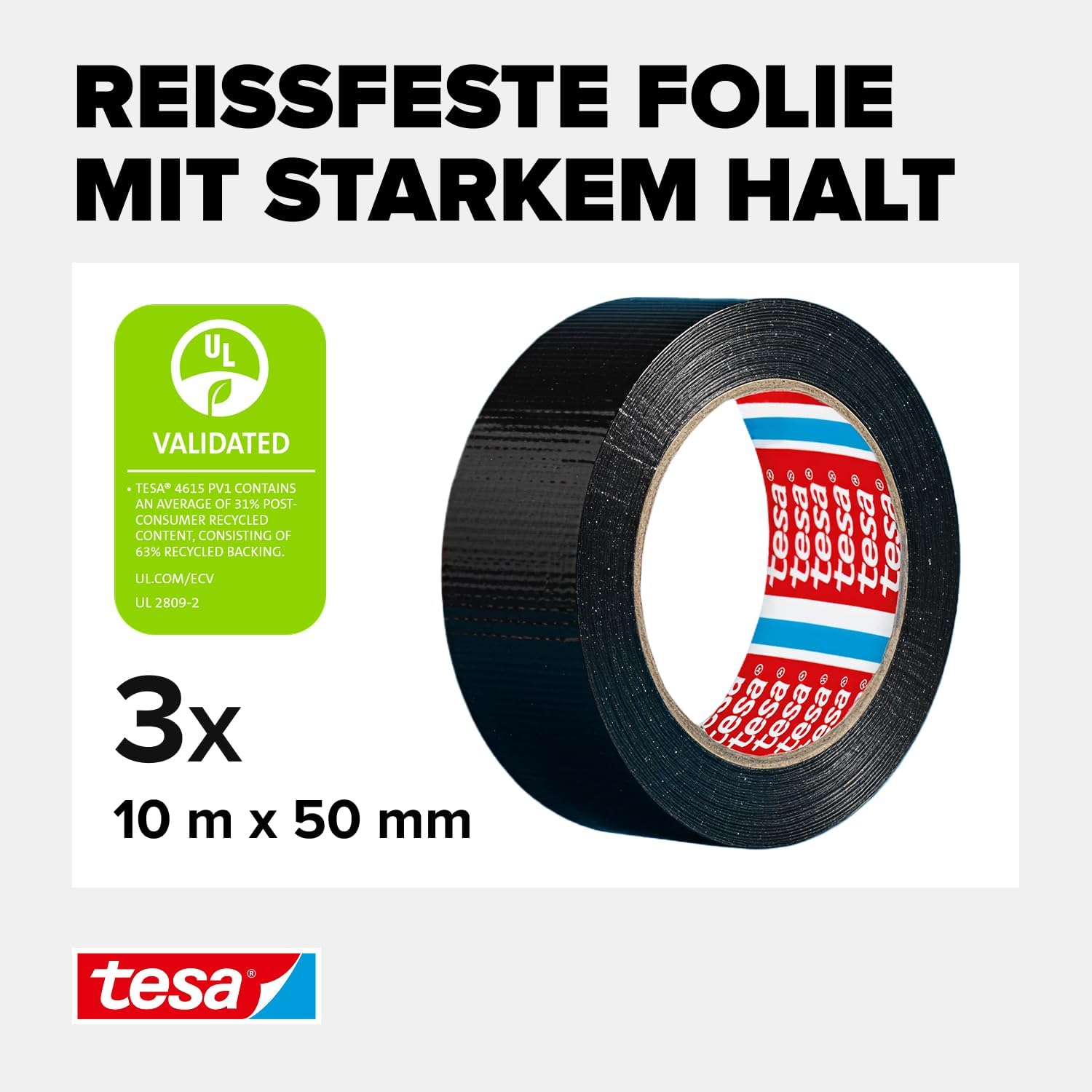 Thumbnail 2 de tesa Extra Power Universal Gewebeband – Klebeband mit extra starkem Halt, 3 Rollen 10 m x 50 mm, Schwarz