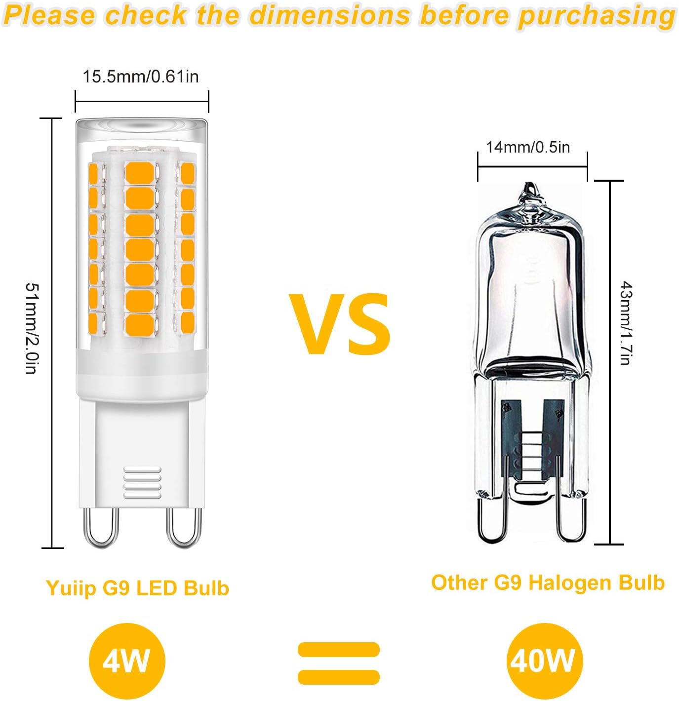 Detalle de YUIIP G9 4W LED Bulb, 3000K Warm White, 400 Lumens, 6-Pack