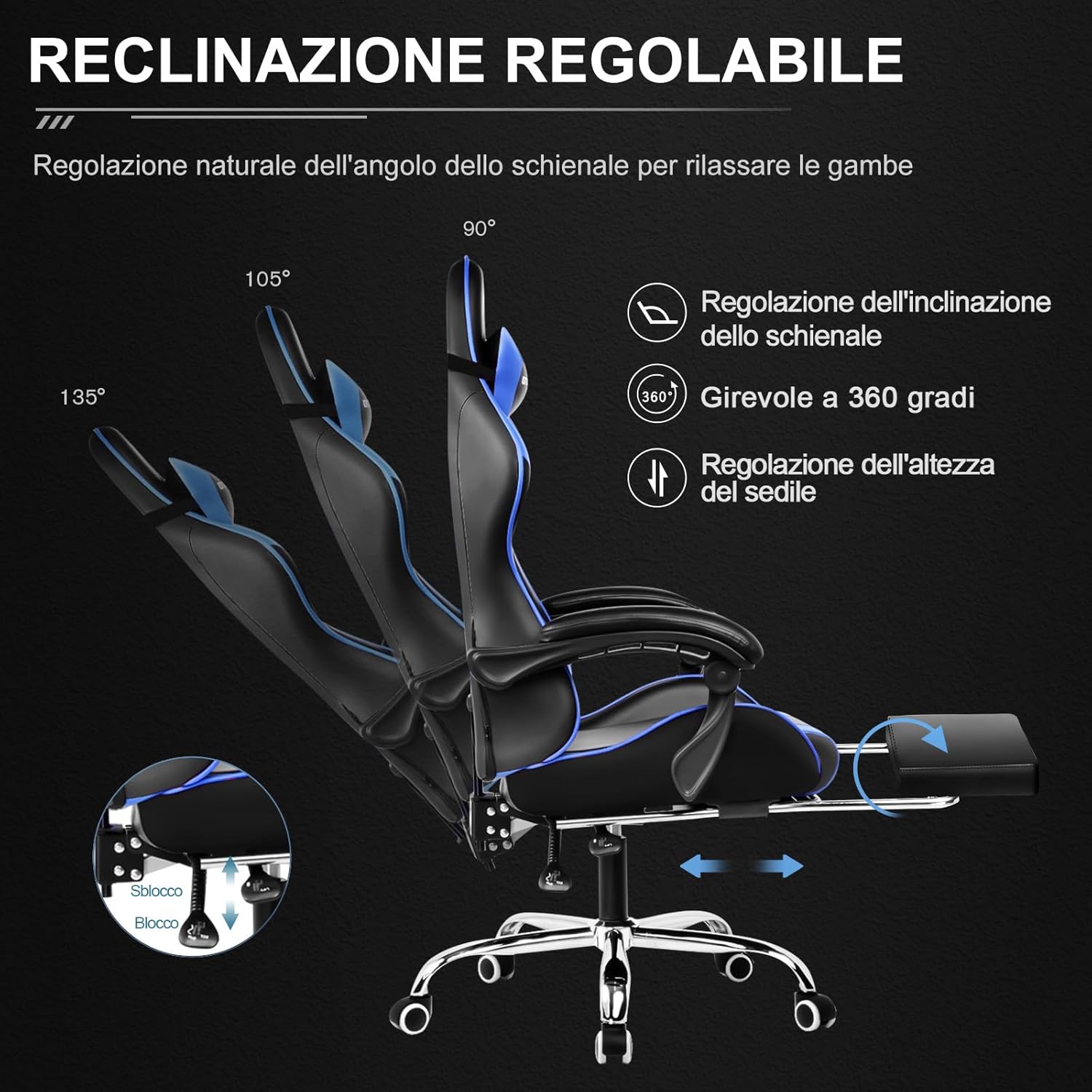 Thumbnail 5 de GTPLAYER Sedia da Gaming Ergonomica con massaggiatore sul poggiapiedi e supporto lombare, schienale reclinabile 90–135°, portata 150 kg (Blu)
