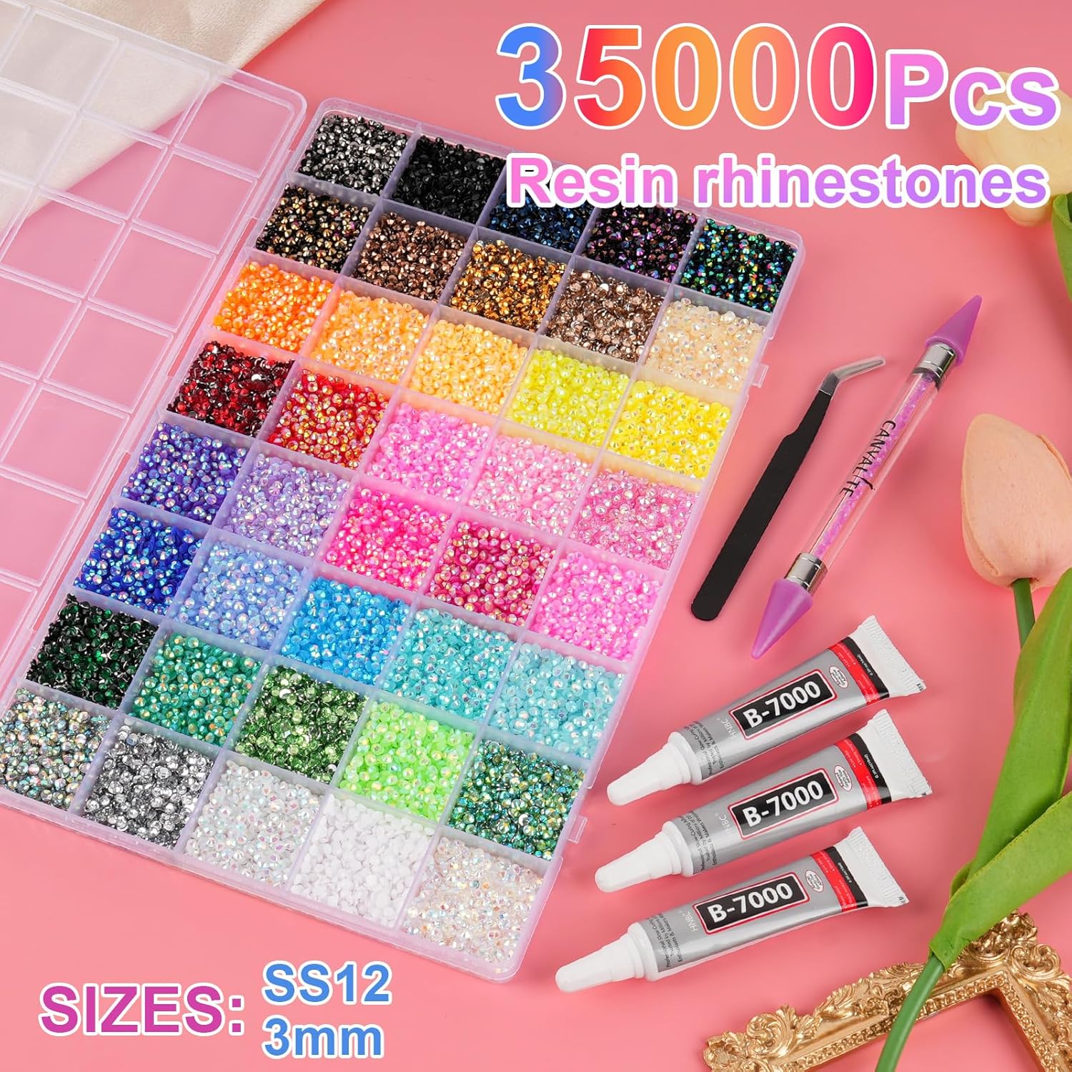 Thumbnail 1 de Canvalite 35000Pcs 40 Colors Jelly Rhinestones — 3mm Resin Flatback Gems for Diamond Art, Bedazzler Kit with Glue