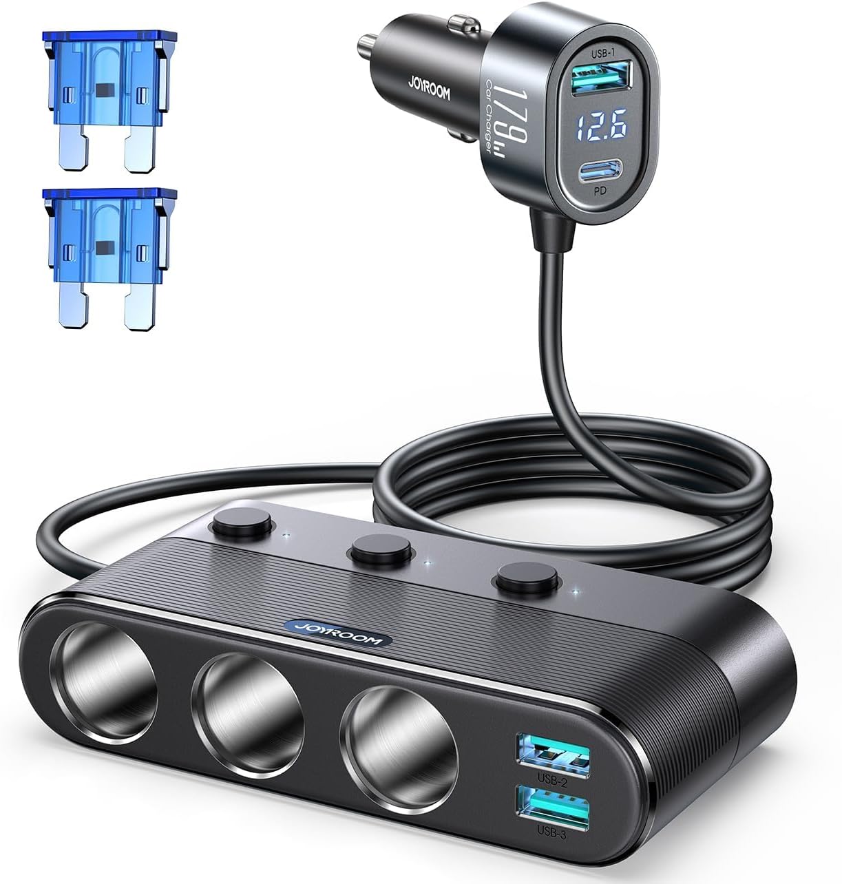 Detalle de JOYROOM 179W Zigarettenanzünder Verteiler (7-in-1) mit PD30W USB‑C, 3x 12V/24V-Steckdosen und LED-Voltmeter
