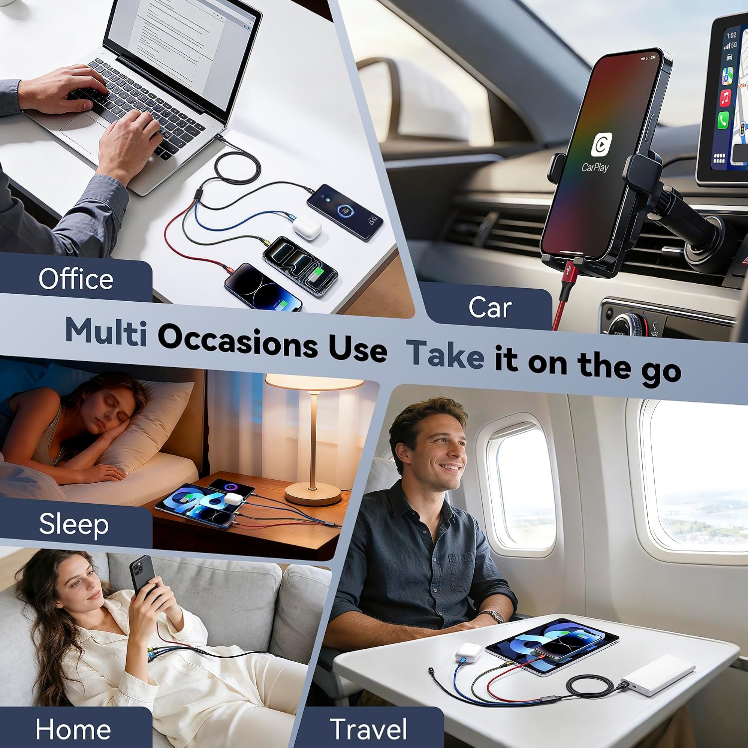 Detalle 2 de MINLU 4-in-1 Dual USB-C Multi Charging Cable (4ft) – Type-C, Lightning, Micro USB