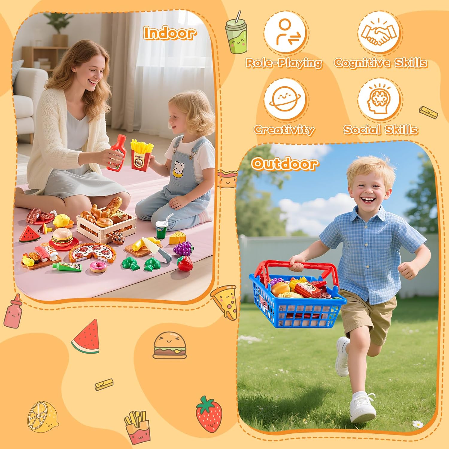 Thumbnail 5 de Spiellebensmittel-Set für die Kinderküche – Internationale Küche mit Schneidespielzeug-Lebensmitteln (Pizza, Sushi, Gebäck) inklusive 2 Körben