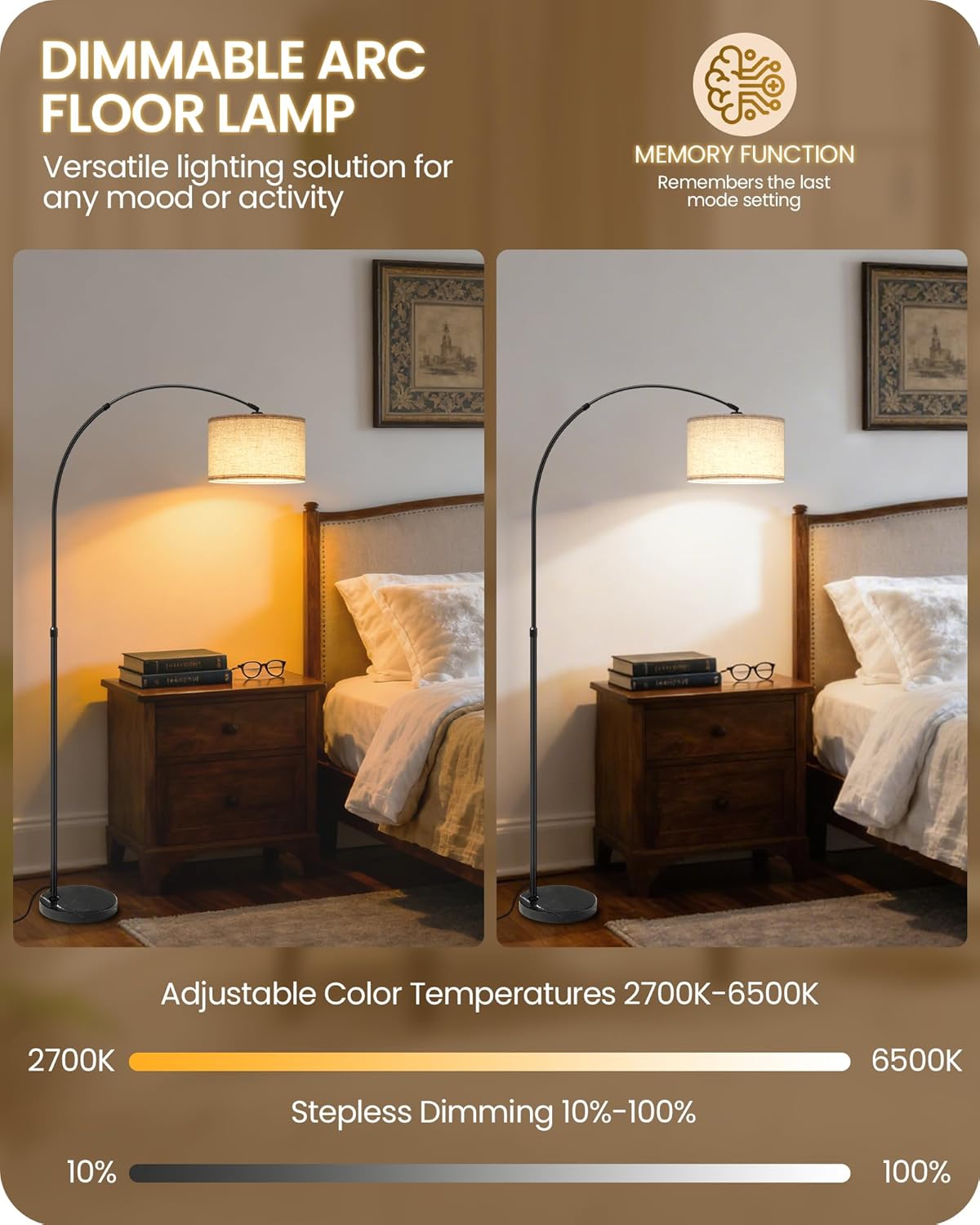 Thumbnail 2 de GOEBLESON Arc Floor Lamp with LED Bulb & Remote Control – Stepless Dimming, Colour Temperature, and Rotating Head