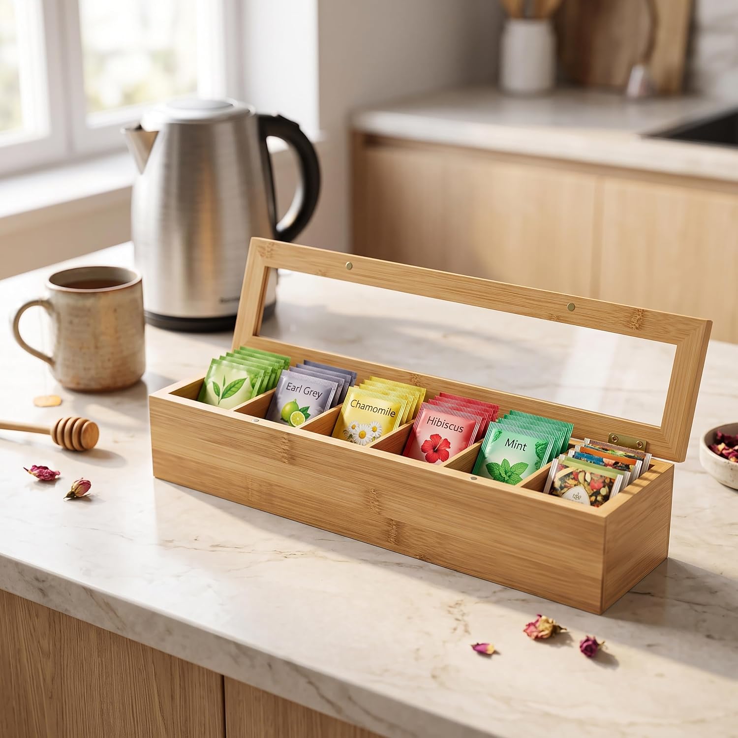 Detalle de Relaxdays Tea Box, 6 Compartments, Bamboo and Plastic, Natural