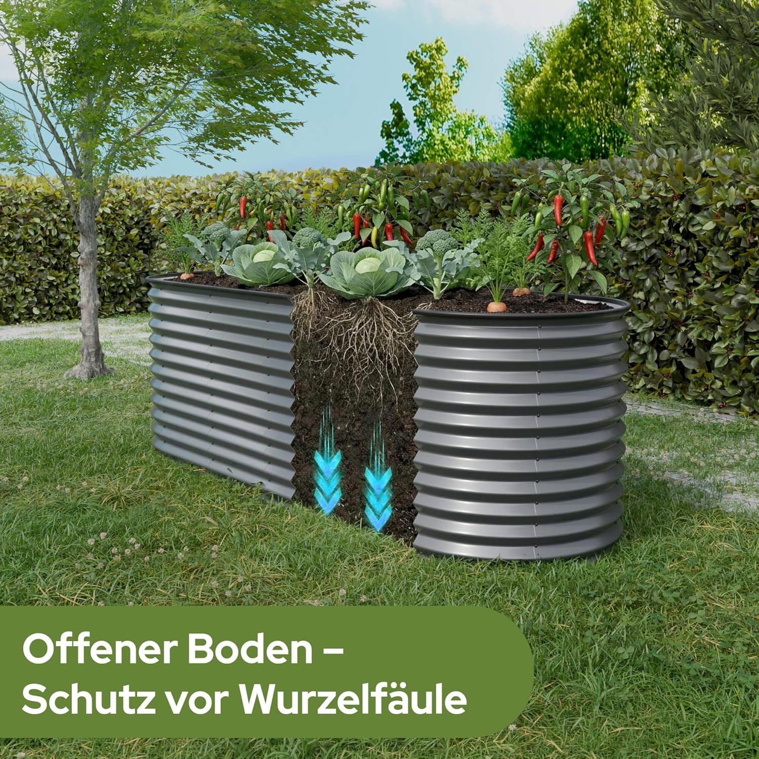 Detalle de Arebos Hochbeet oval Metall 240x80x78 cm Anthrazit – langlebiges, bequemes Gemüse- und Blumenbeet aus verzinktem Stahl