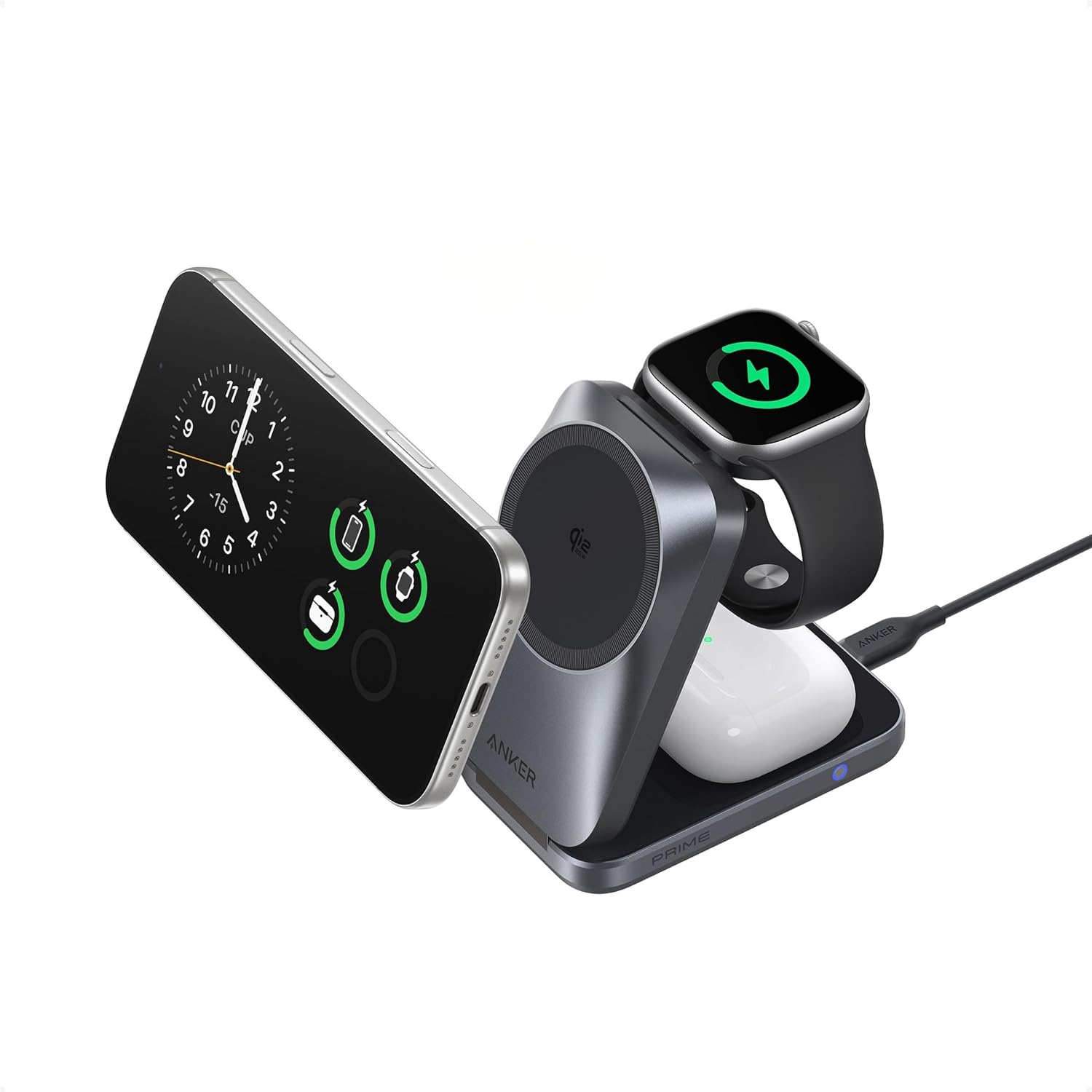 Detalle de Anker Prime 3-in-1 Wireless Charger: Compact, Quiet and Ready for iPhone 17/16, Apple Watch & AirPods