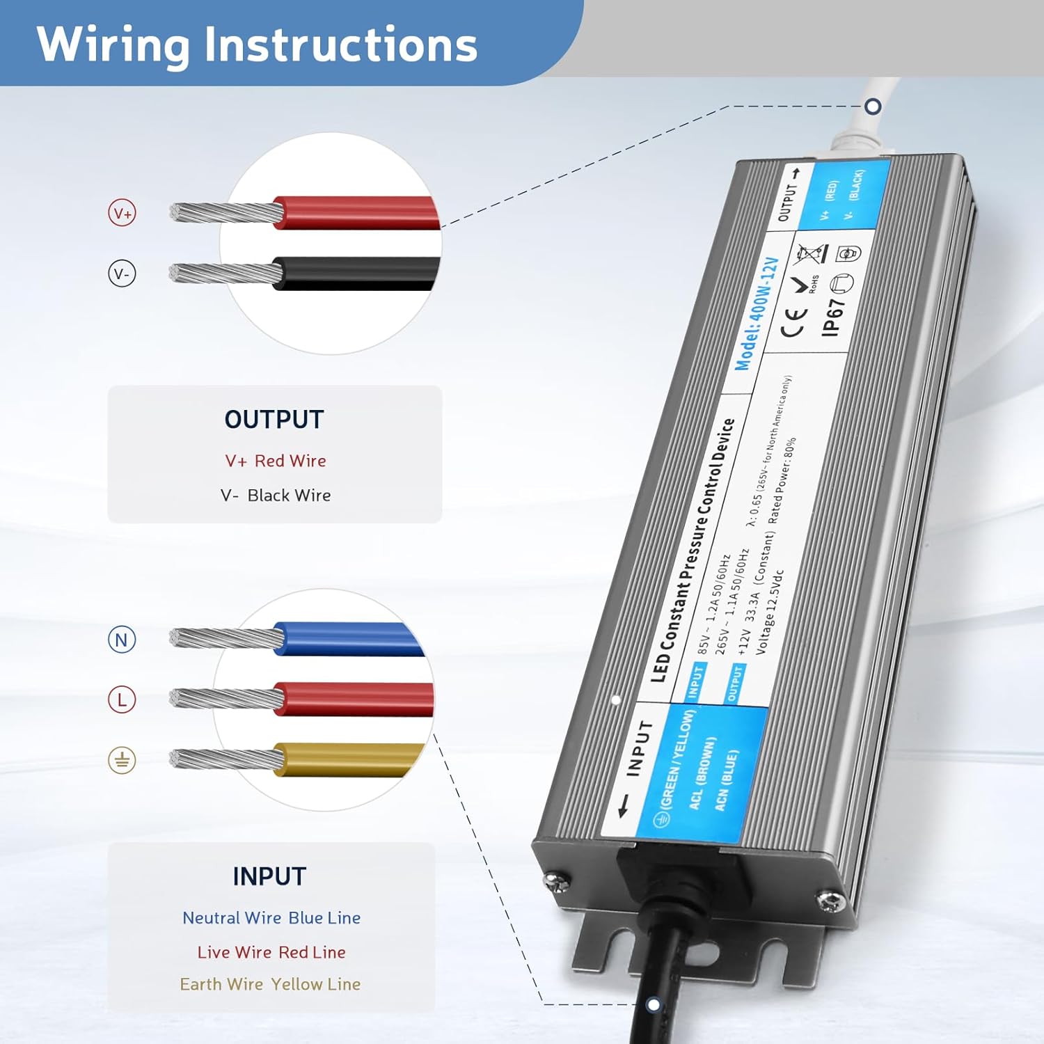 Detalle de YOODI Trasformatore 24V 150W IP67 | Alimentatore LED 220V AC a DC 24V, ultra sottile