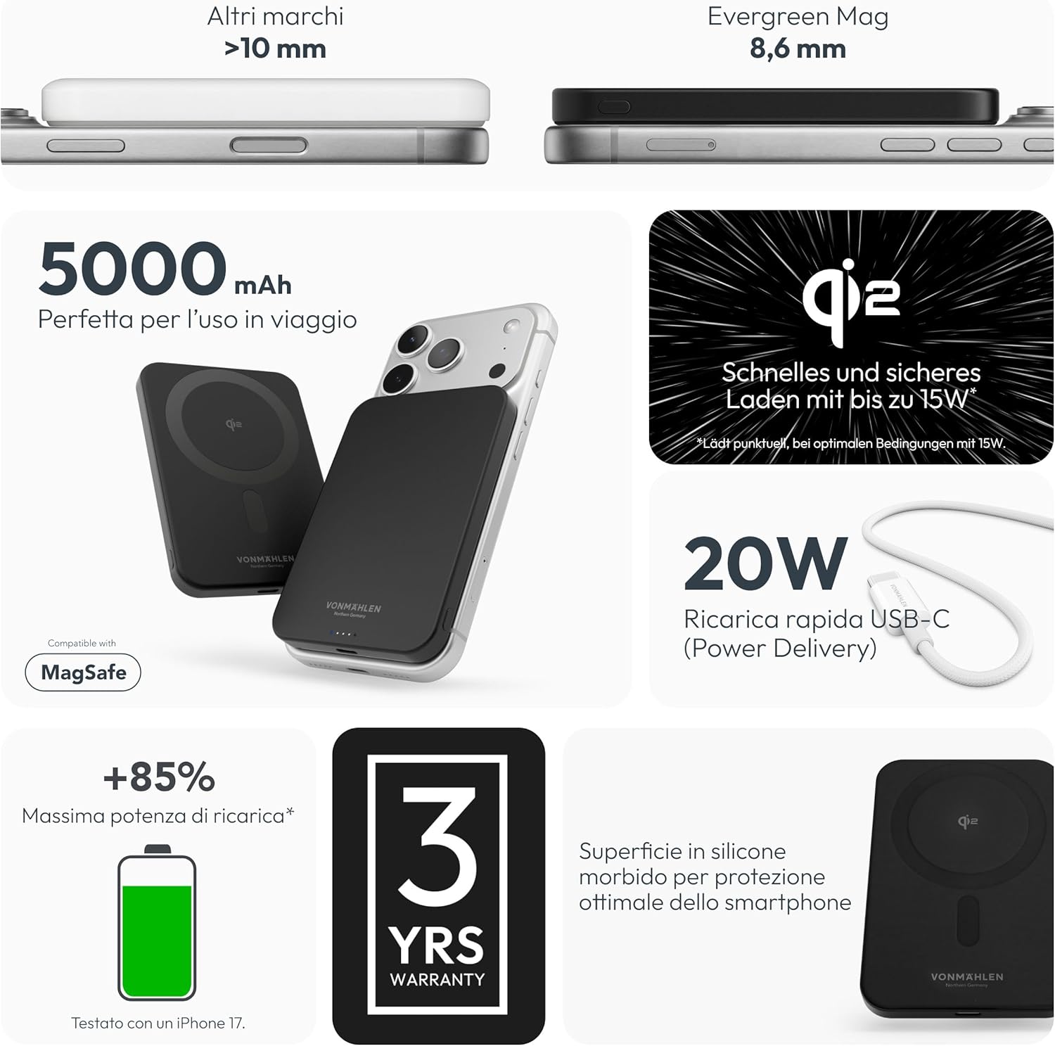 Thumbnail 3 de Vonmählen Evergreen Mag - Powerbank magnetica ultra-sottile da 5000mAh, ricarica wireless 15W e USB-C PD 20W, QI2 Nero