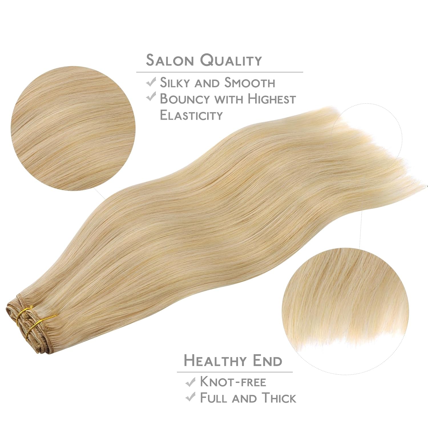Detalle 2 de WENNALIFE Clip-in Echthaar Extensions, 35 cm, Hellblond Highlights Goldblond – 7 Teile, 120 g