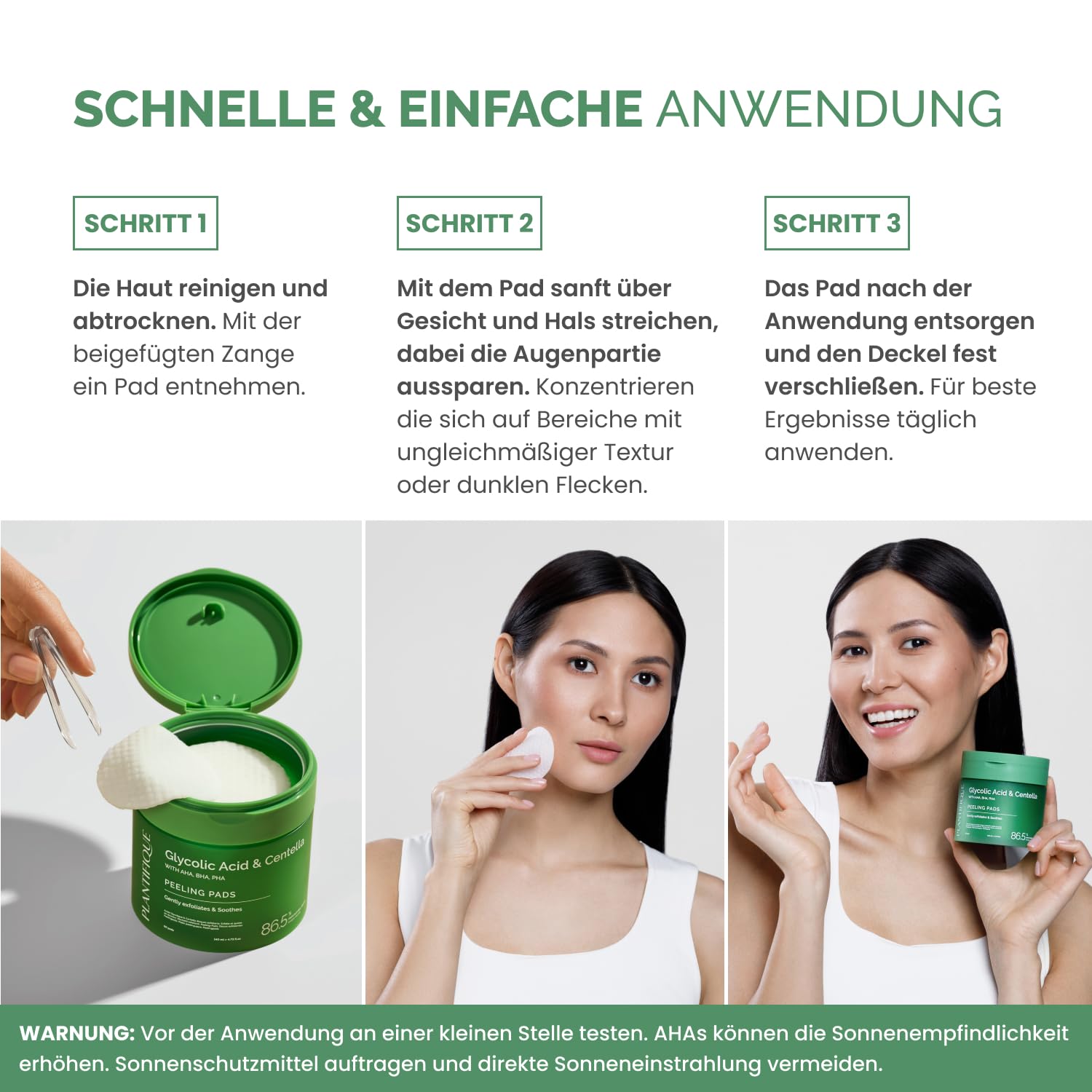 Detalle de PLANTIFIQUE Korean Peeling Pads (60 Stück) mit Glycolsäure, Niacinamid, CICA & Multi-Acid-Komplex