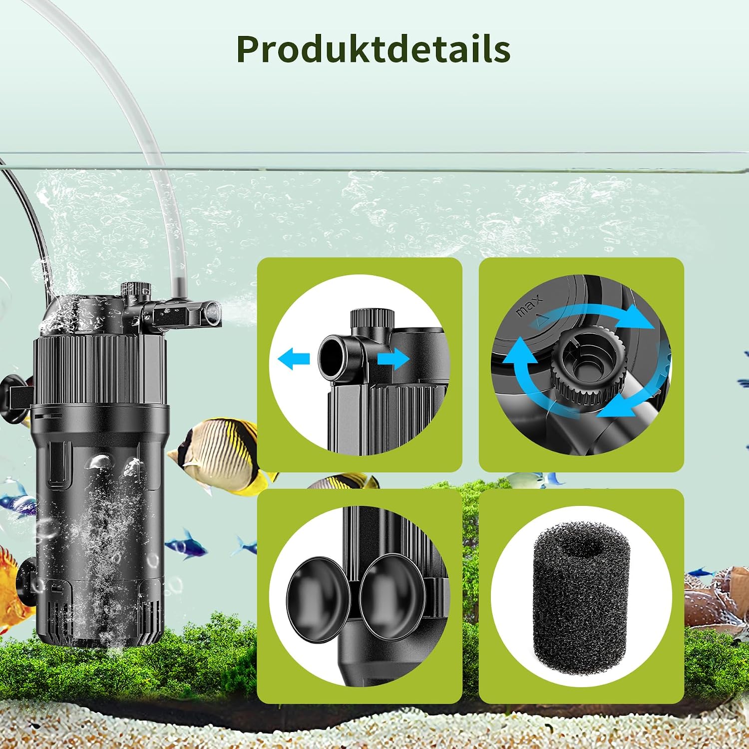 Detalle 2 de Forever Speed 5-in-1 Innenfilter mit UV 3W – inkl. Durchflussregler, Regenbrause & 180° Auslass für 40–120 L-Aquarien