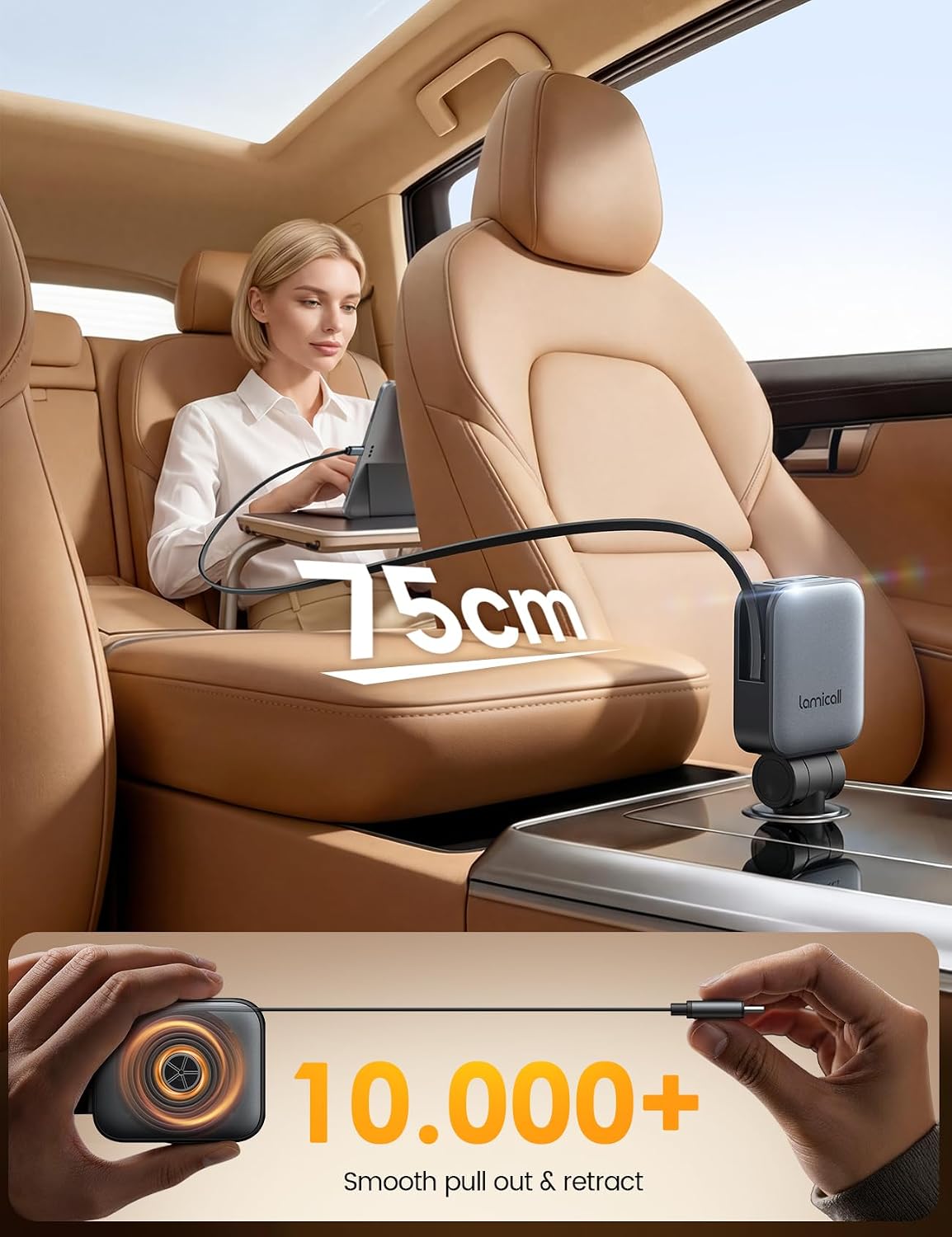 Thumbnail 2 de Lamicall 3-IN-1 Retractable Car Phone Charger – 63W, 12V/24V with Retractable Type-C Cable