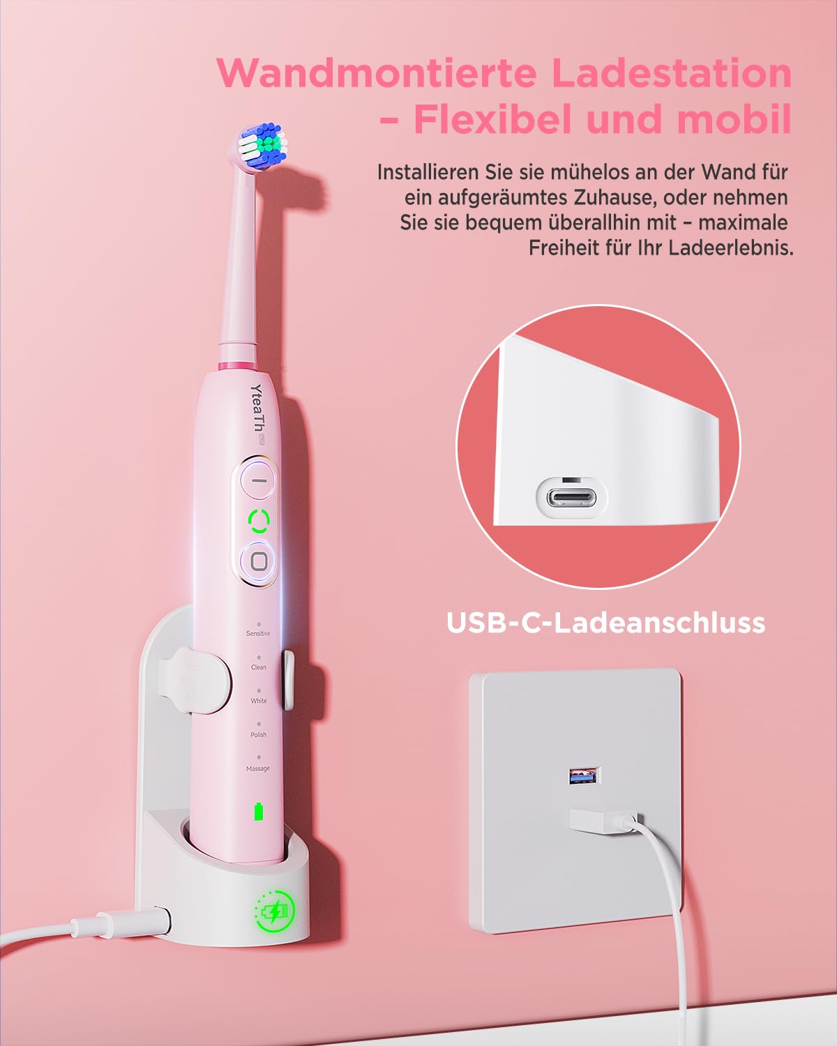 Thumbnail 5 de Rotierende elektrische Zahnbürste für Erwachsene & Kinder mit 8 Aufsteckbürsten, 3 Intensitäten, 5 Modi und Wand-Ladestation (Perlmuttrosa)