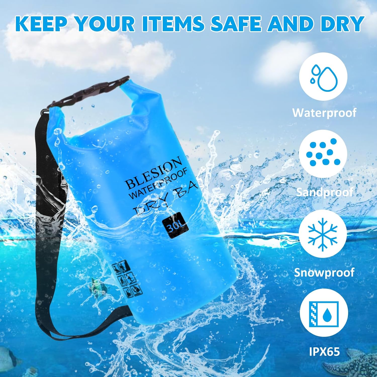 Detalle de BLESION Dry Bag 5L–30L: Wasserdichte Tasche mit verstellbarem Schultergurt für Kajak, Camping & Reisen