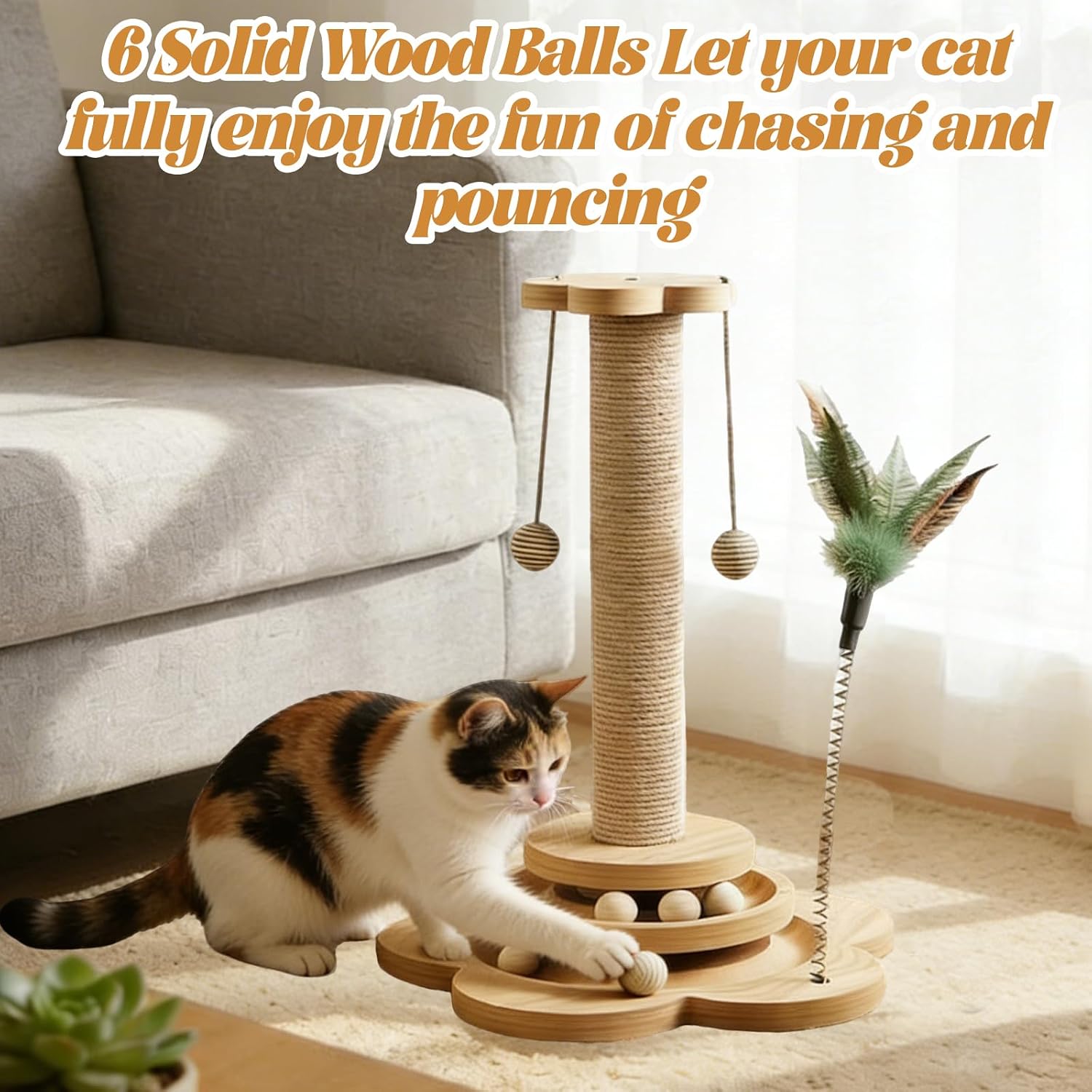 Detalle 2 de Cat Scratching Post with Sisal Rope – Interactive 46cm Wood Base Cat Toy