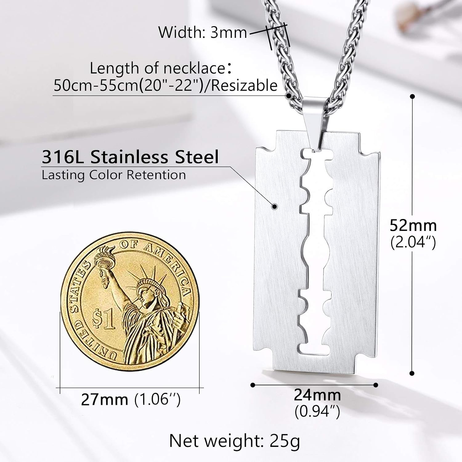 Detalle 2 de PROSTEEL Collier lame de rasoir homme en acier inoxydable plaqué or, pendentif rock punk avec chaîne ajustable