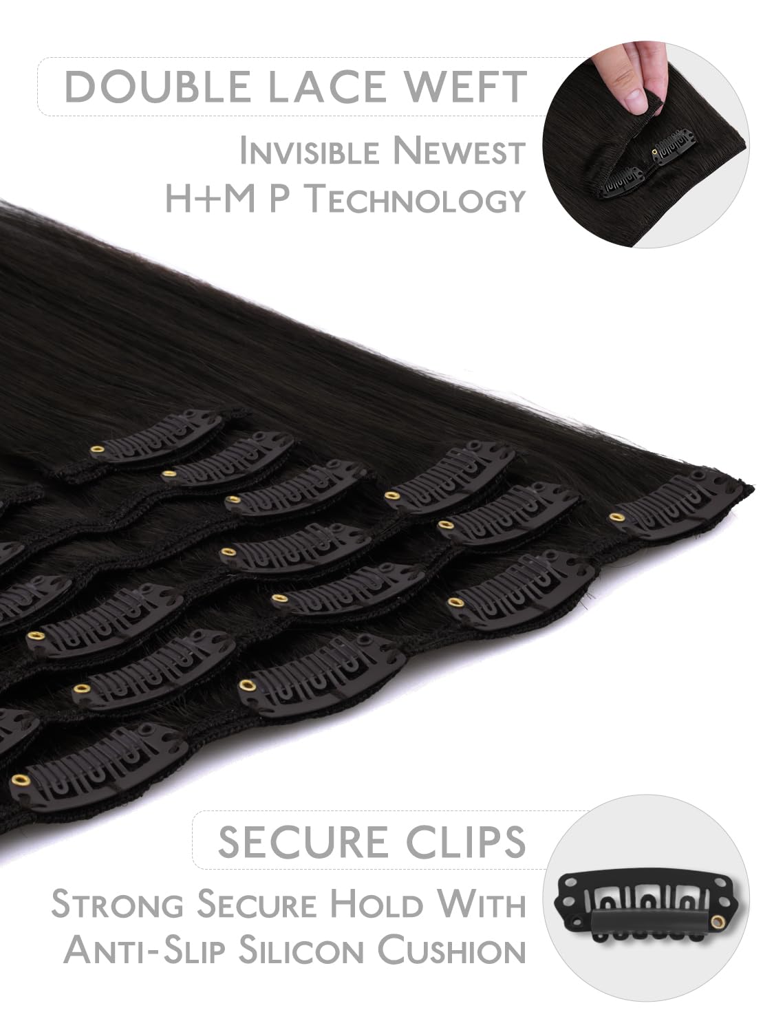 Detalle de WENNALIFE Clip-in Echthaar Extensions, Natürliche Echthaarverlängerung 25 cm, 7 Teile, #1B Naturliches Schwarz