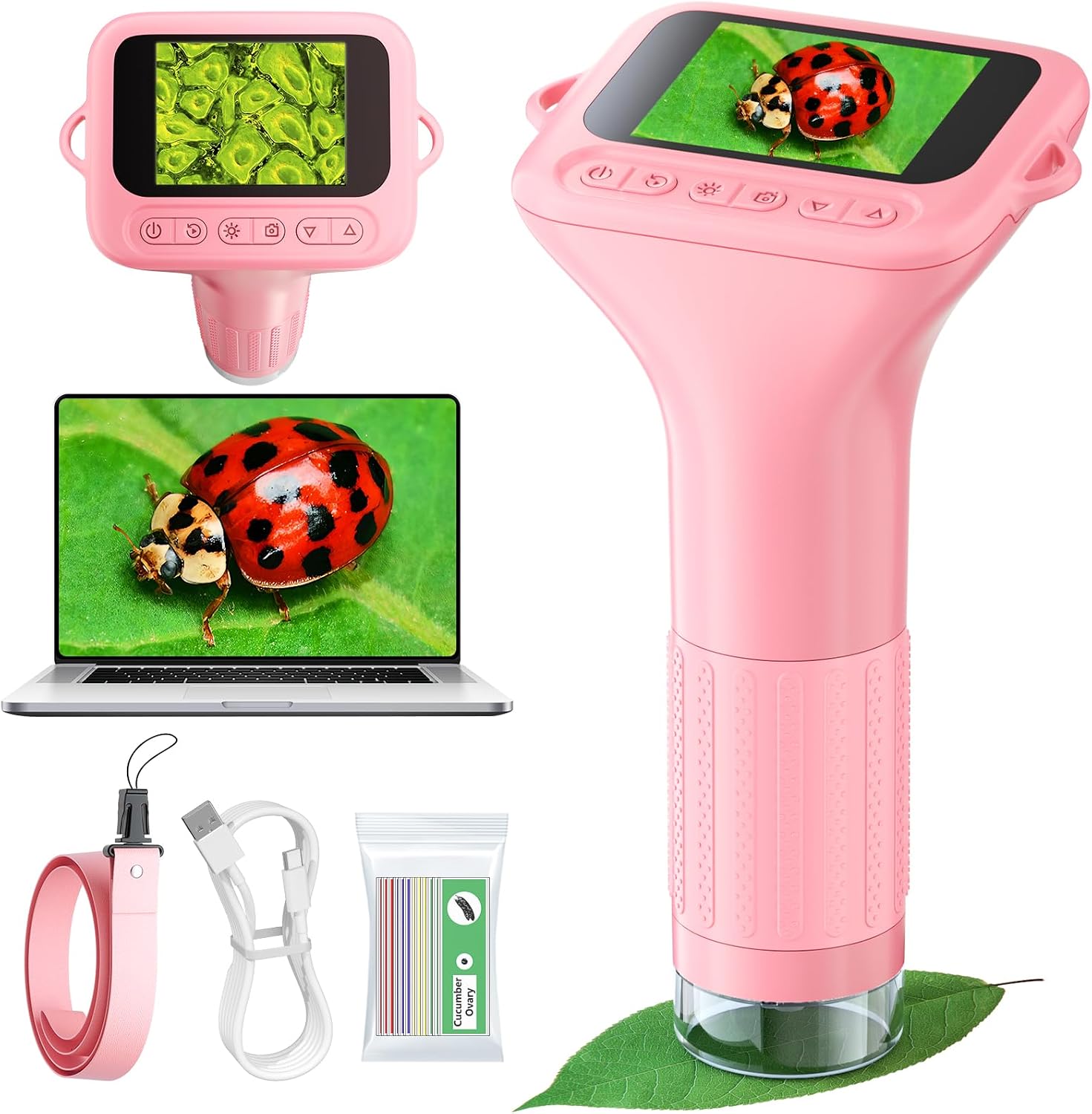Detalle de Odatay Kids Digital Microscope (100X–1000X) with 1080P Camera, 12 Slides, Pink