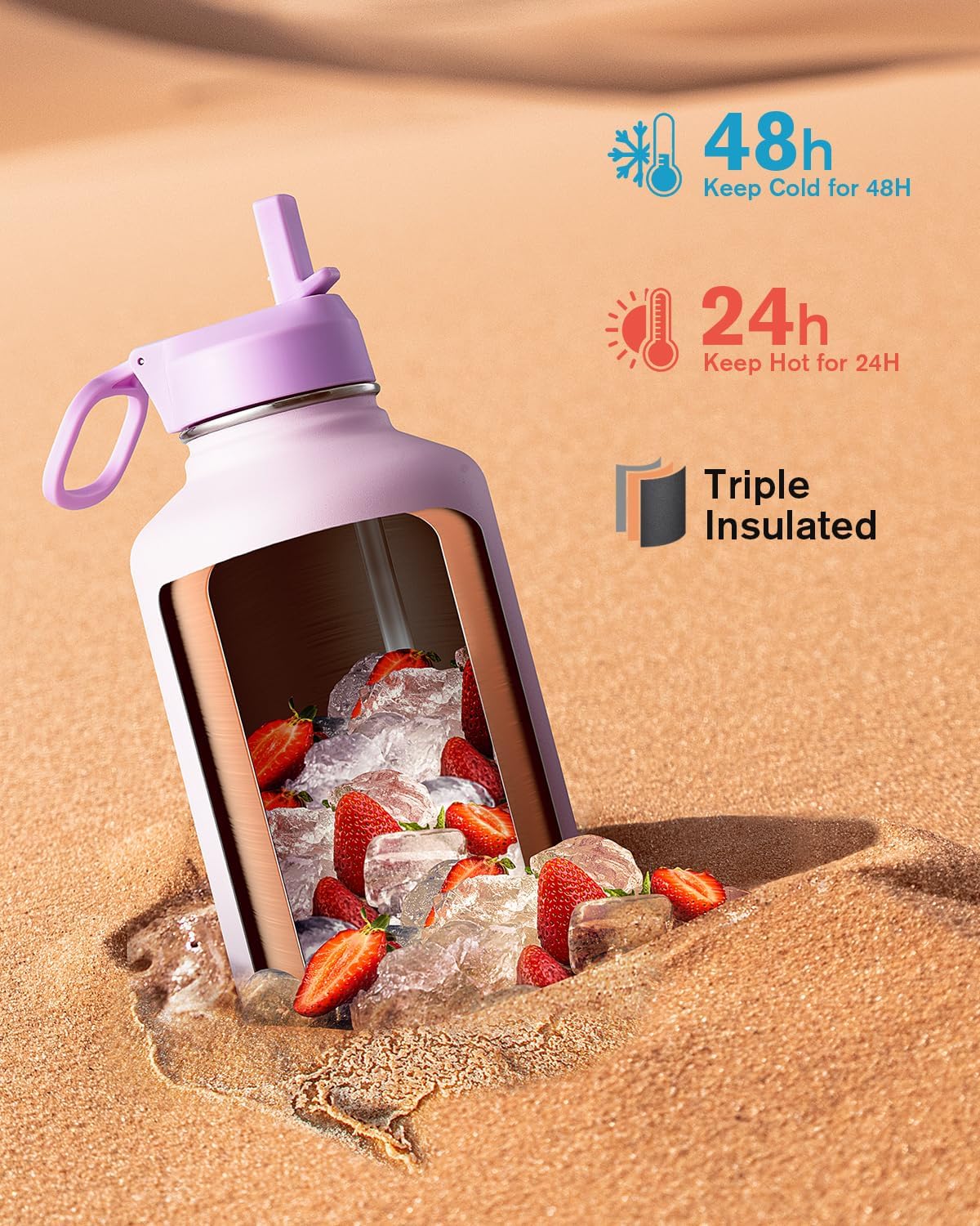 Detalle 2 de Coolflask Half Gallon Insulated Water Bottle with Straw & 3 Lids (64 oz) — Pink