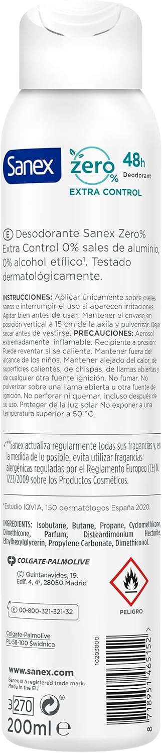 Detalle de Sanex Zero% Extra Control Desodorante Spray 🧴 Pack 6x200ml
