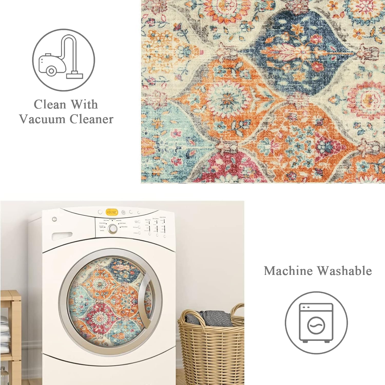 Thumbnail 2 de Lahome Moroccan Trellis Washable Area Rug (5x7) — Cream/Multi, low-pile non-slip indoor rug