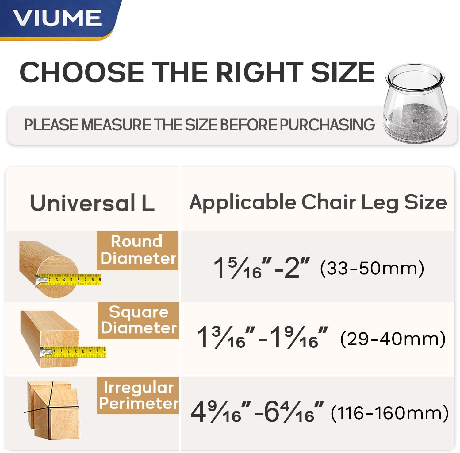 Detalle de VIUME Large (Fit 1.3"-2") Chair Leg Floor Protectors, Clear Silicone, 24-Pack