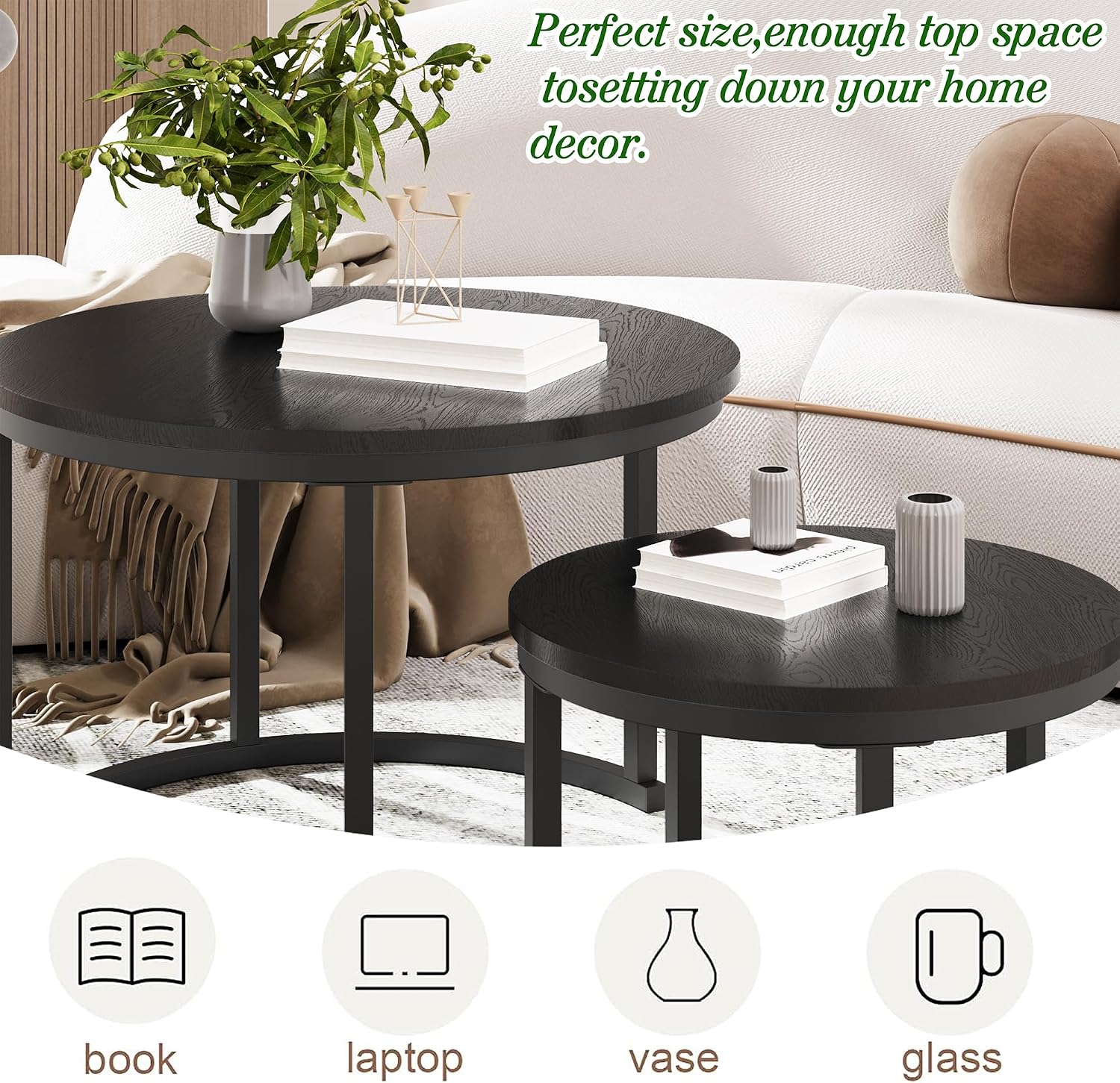 Detalle de HOMERECOMMEND ronde salontafelset van 2 met houten bladen en zwart metalen frame