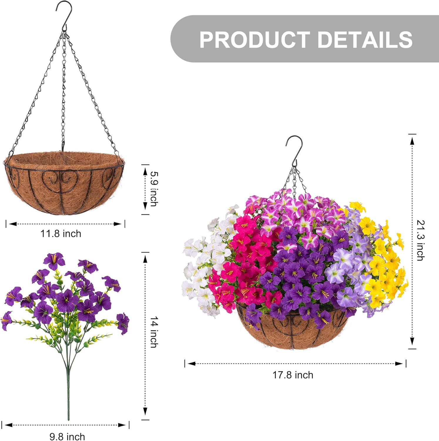 Thumbnail 5 de INSPRING UV-Resistant Outdoor Hanging Flowers Kit: 20 Petunias with Eucalyptus, 17.8" Angel Basket, 6Mix