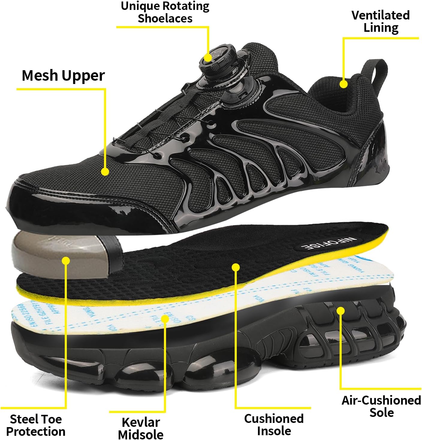 Detalle de NIFOFISE Safety Trainers for Men and Women with Steel Toe Cap and Rotating Buckle Laces