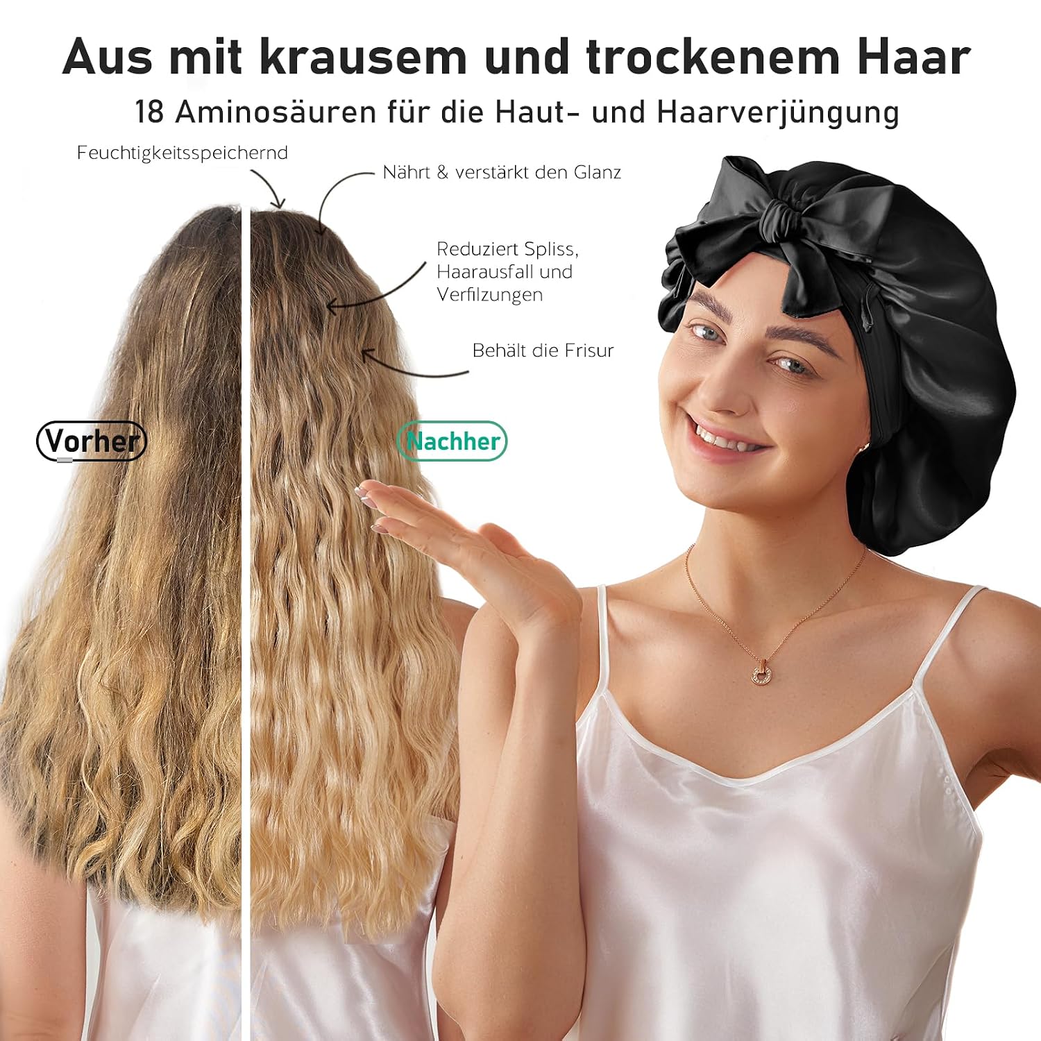 Detalle de LitBear Schlafhaube aus 100% Maulbeerseide für Damen (6A, 22 Momme) – große doppellagige Seidenturban mit Bindeband