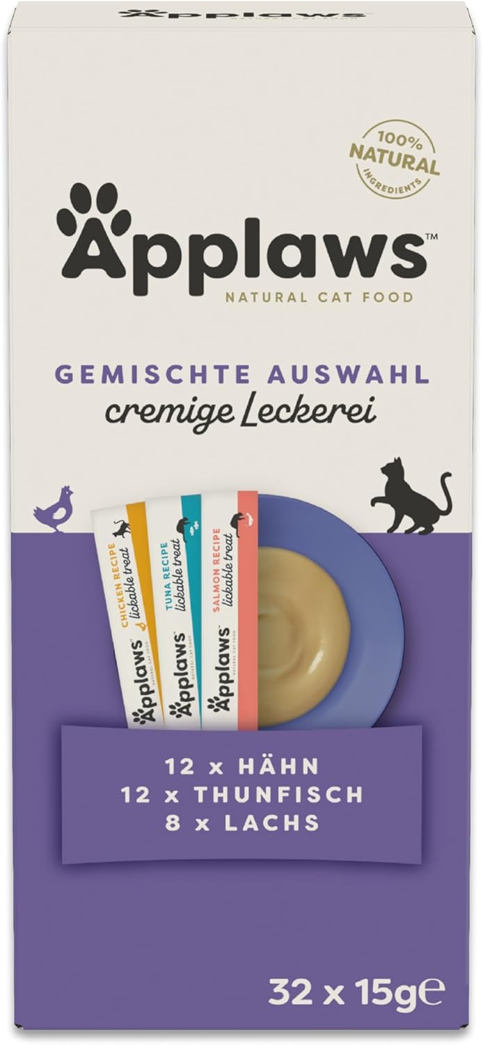 Applaws 100% natürlicher, getreidefreier cremiger Katzensnack – 32 Beutel (4×8×15 g) mit Thunfisch, Lachs und Hähnchen