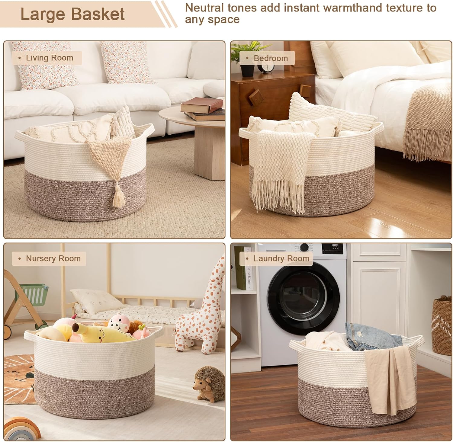 Detalle 1 de OIAHOMY XXXLarge 90L Cotton Rope Storage Basket, White and Linen Brown