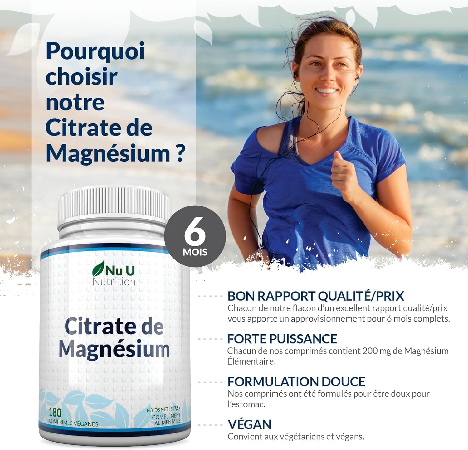 Thumbnail 3 de Citrate de magnésium 700 mg (200 mg de magnésium élémentaire) – 180 comprimés vegan – Nu U Nutrition