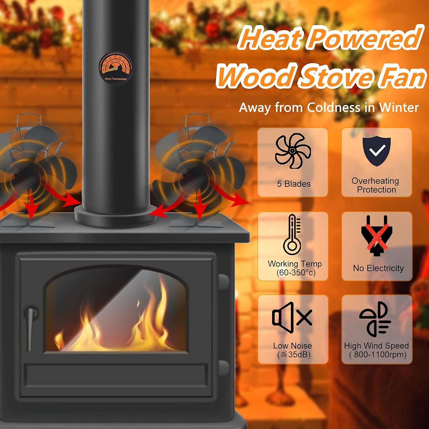 Detalle 2 de HIKPSOD 639510304386 Heat-Powered Stove Fan, 5-Blade Quiet Design