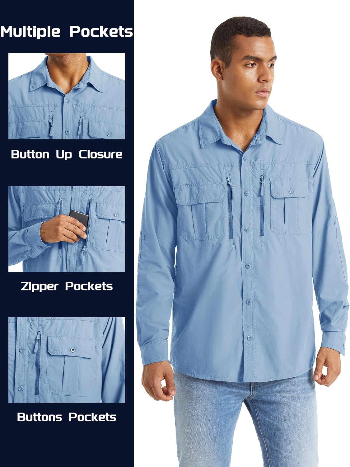 Detalle 2 de TACVASEN Men's Tactical Hiking Shirt, Quick-Dry Long Sleeve with UV Protection