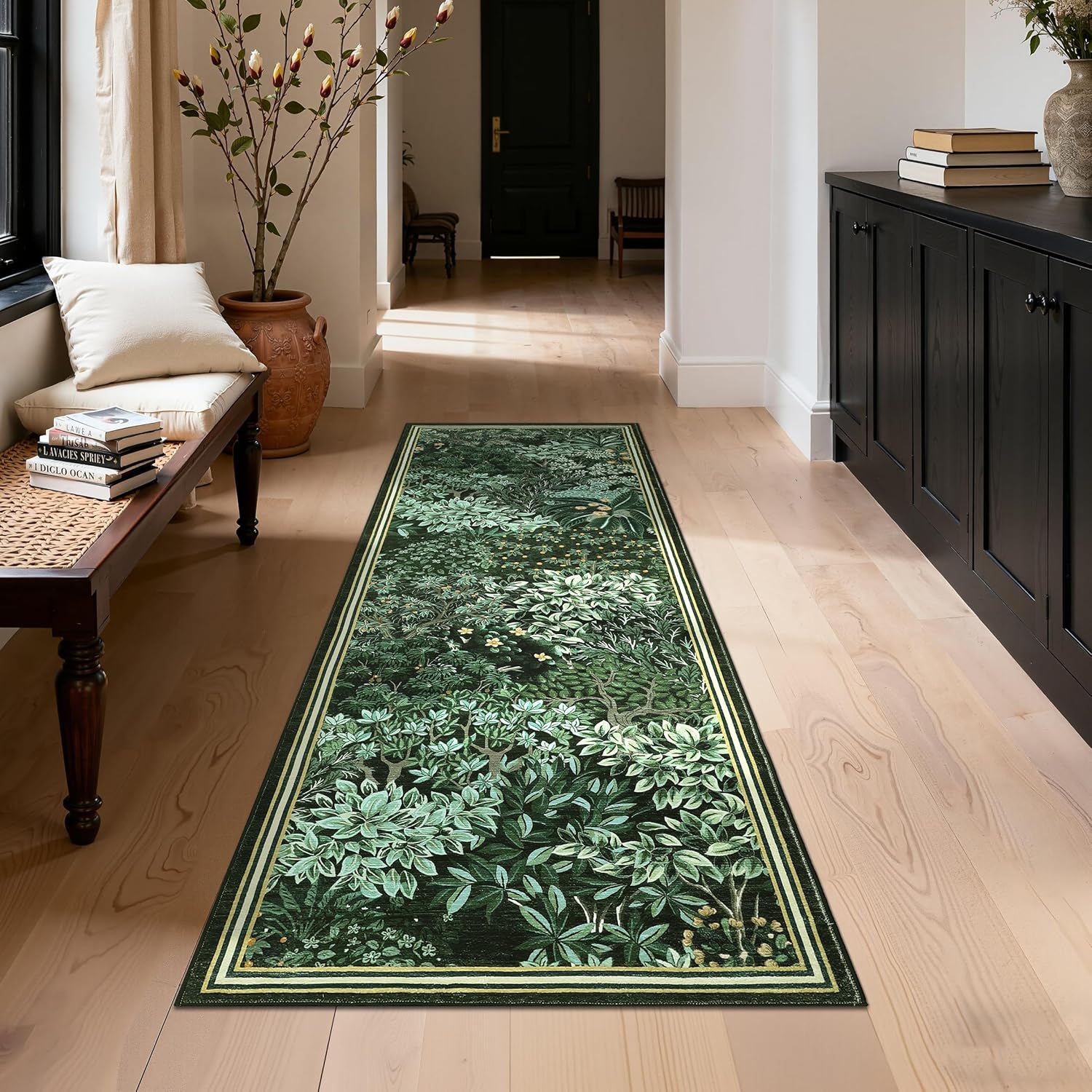 Detalle de GarveeHome Forest Runner Rug, 2' x 6' Washable Dark Green Low-Pile Runner