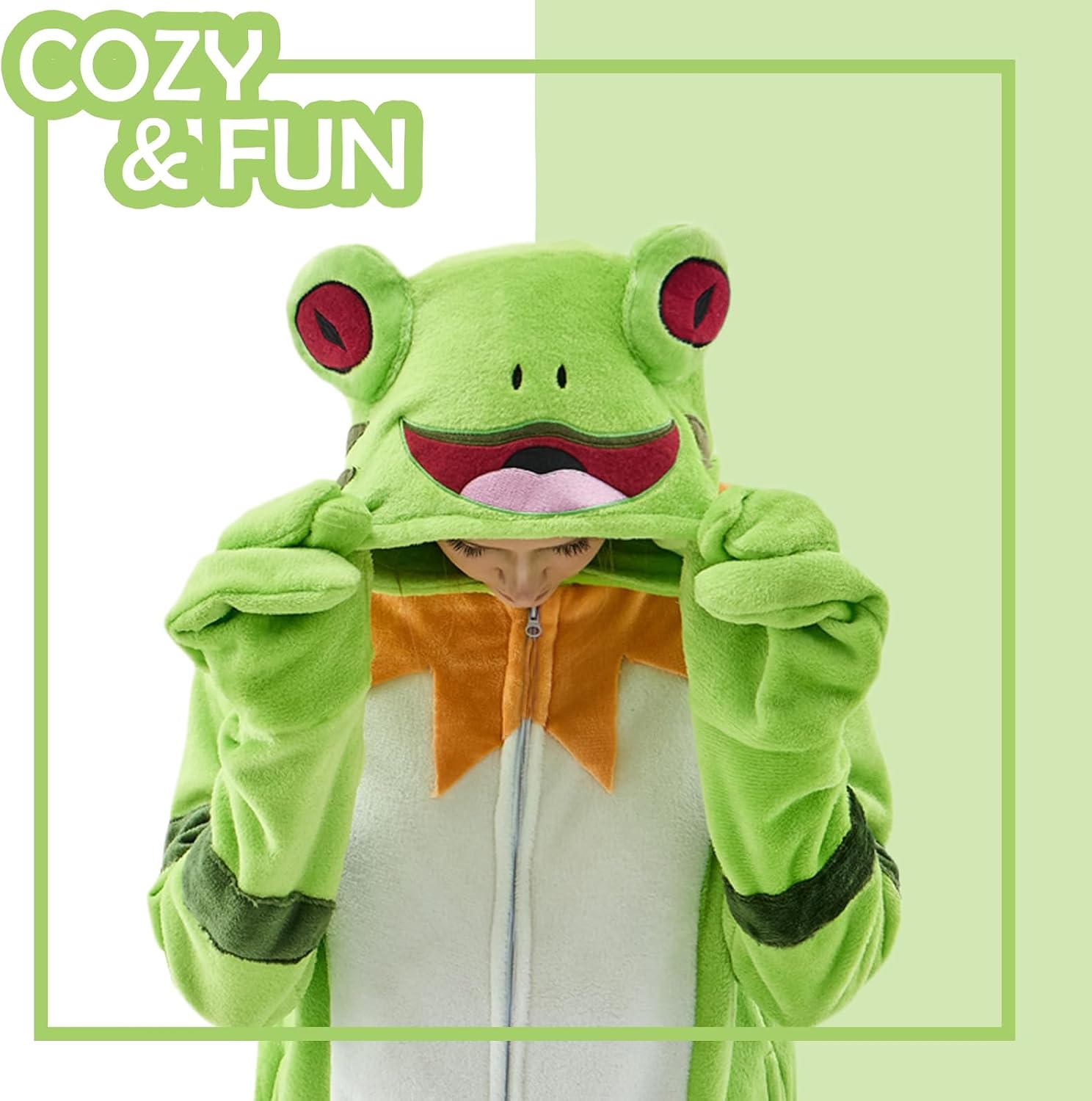 Detalle de NEWCOSPLAY Frog Onesie Pajamas with Flannel, 3D Hood, Zipper and Pockets