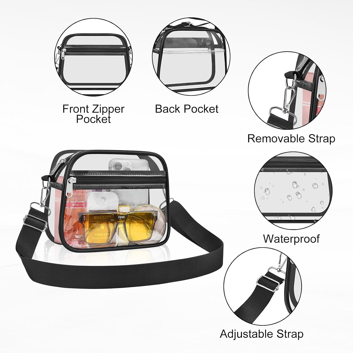 Detalle de USPECLARE Clear Stadium Crossbody Bag, 0.4 mm PVC, Adjustable Strap