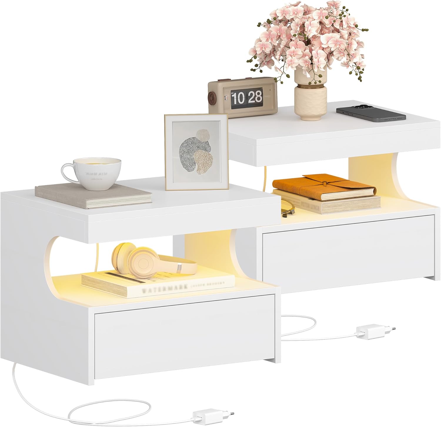 Detalle de Hzuaneri Table de Chevet Suspendue – Lot de 2, avec LED et tiroir coulissant (Blanc) NS50403XEU